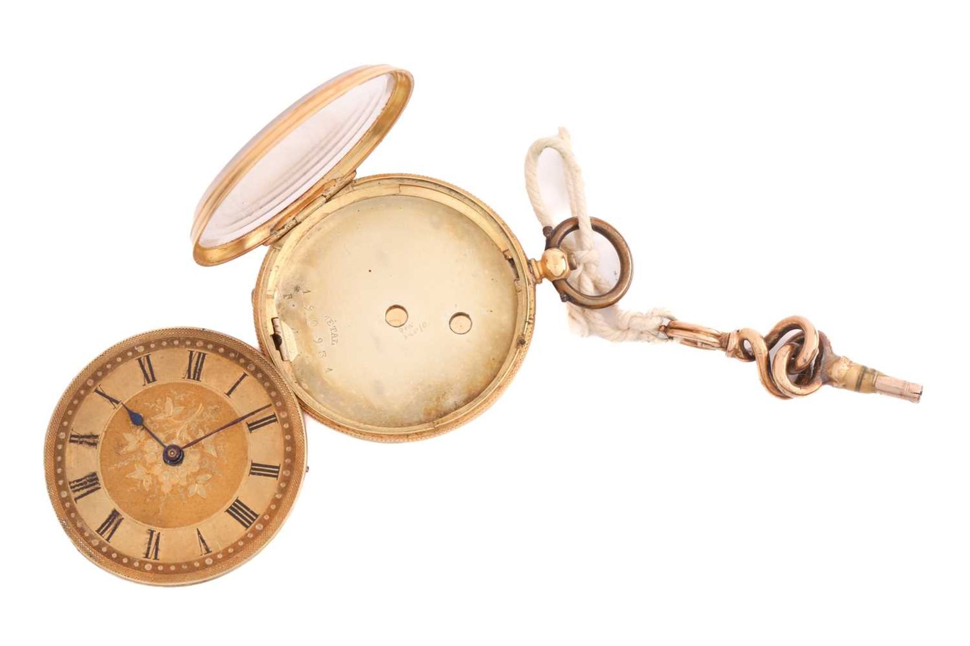 An gold open-faced lady's key wind fob watch with a jewelled bridge movement and matted and tooled - Image 5 of 8