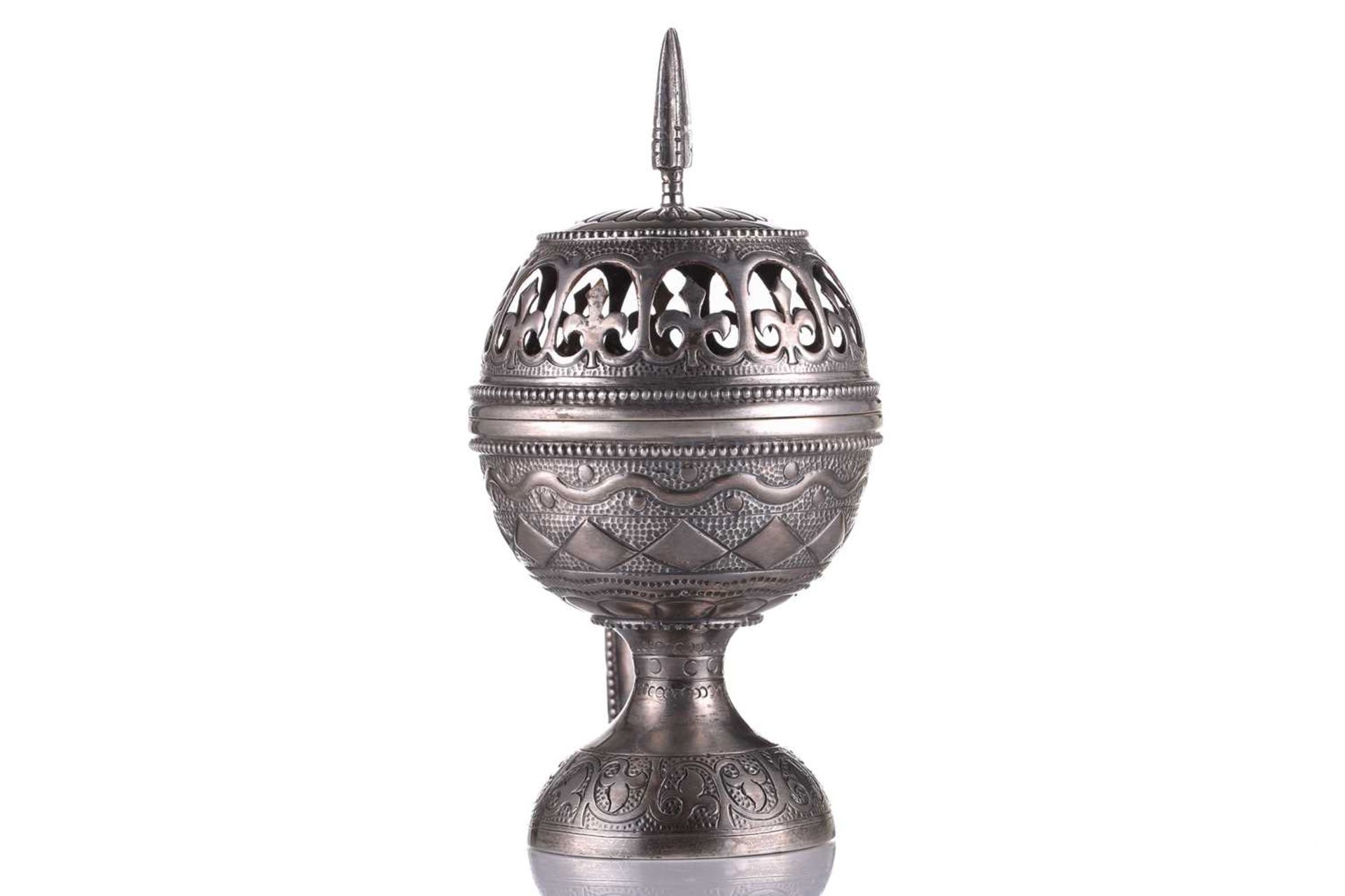 An Omani silver incense burner (Majmar), early 20th century, of typical pierced orb form with a - Image 5 of 7