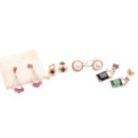 Four pairs of gem-set earrings; including a pair of 9ct gold drop earrings set with pink stones; a