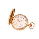 A 14ct yellow gold full hunter pocket watch, the white enamel dial with Arabic numerals and