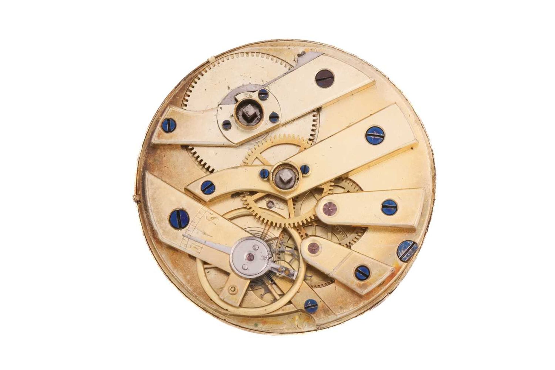 An gold open-faced lady's key wind fob watch with a jewelled bridge movement and matted and tooled - Image 6 of 8