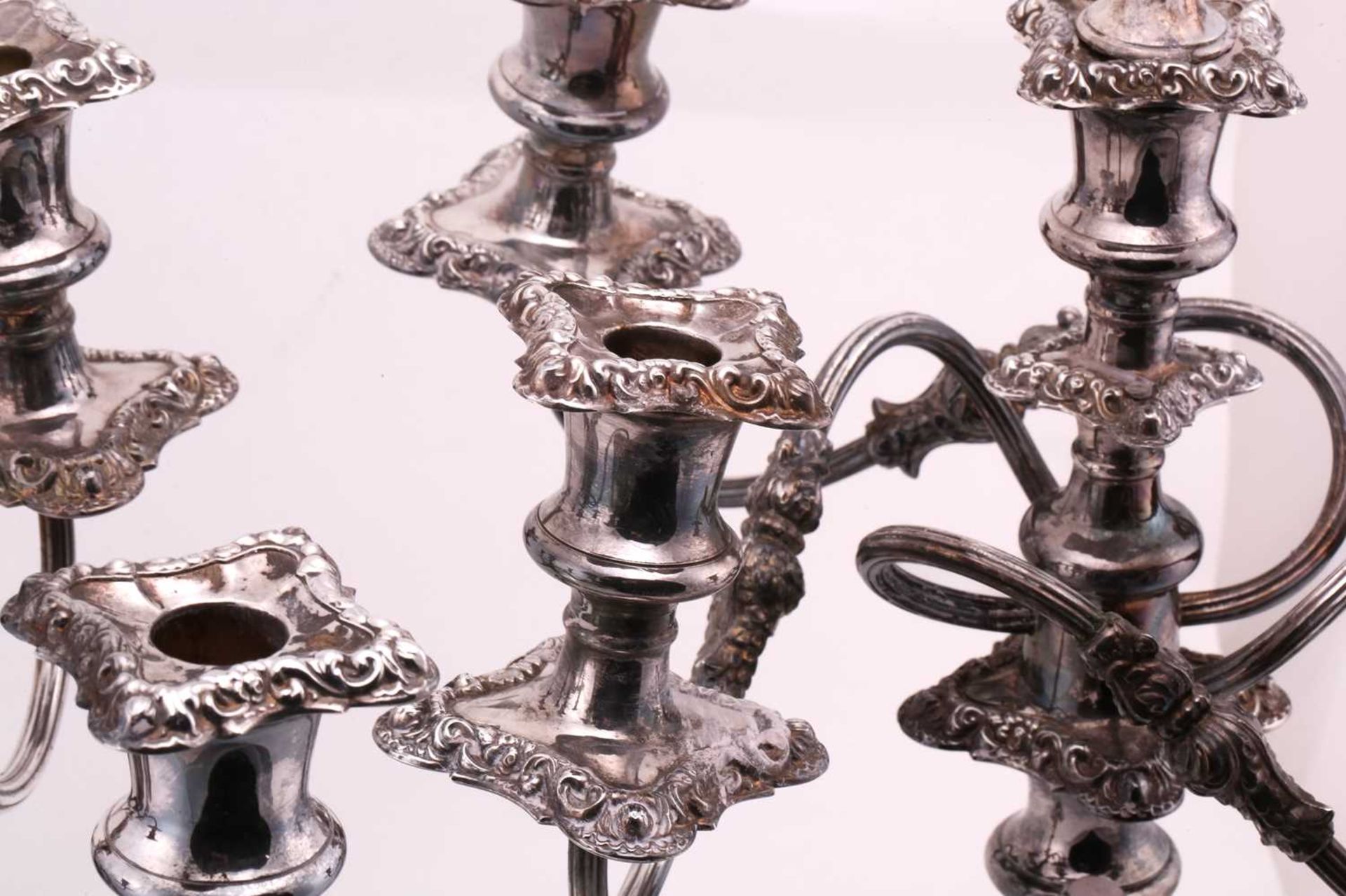 A pair of silver plated candelabra each with a central detachable flame finial in two sections - Image 3 of 6