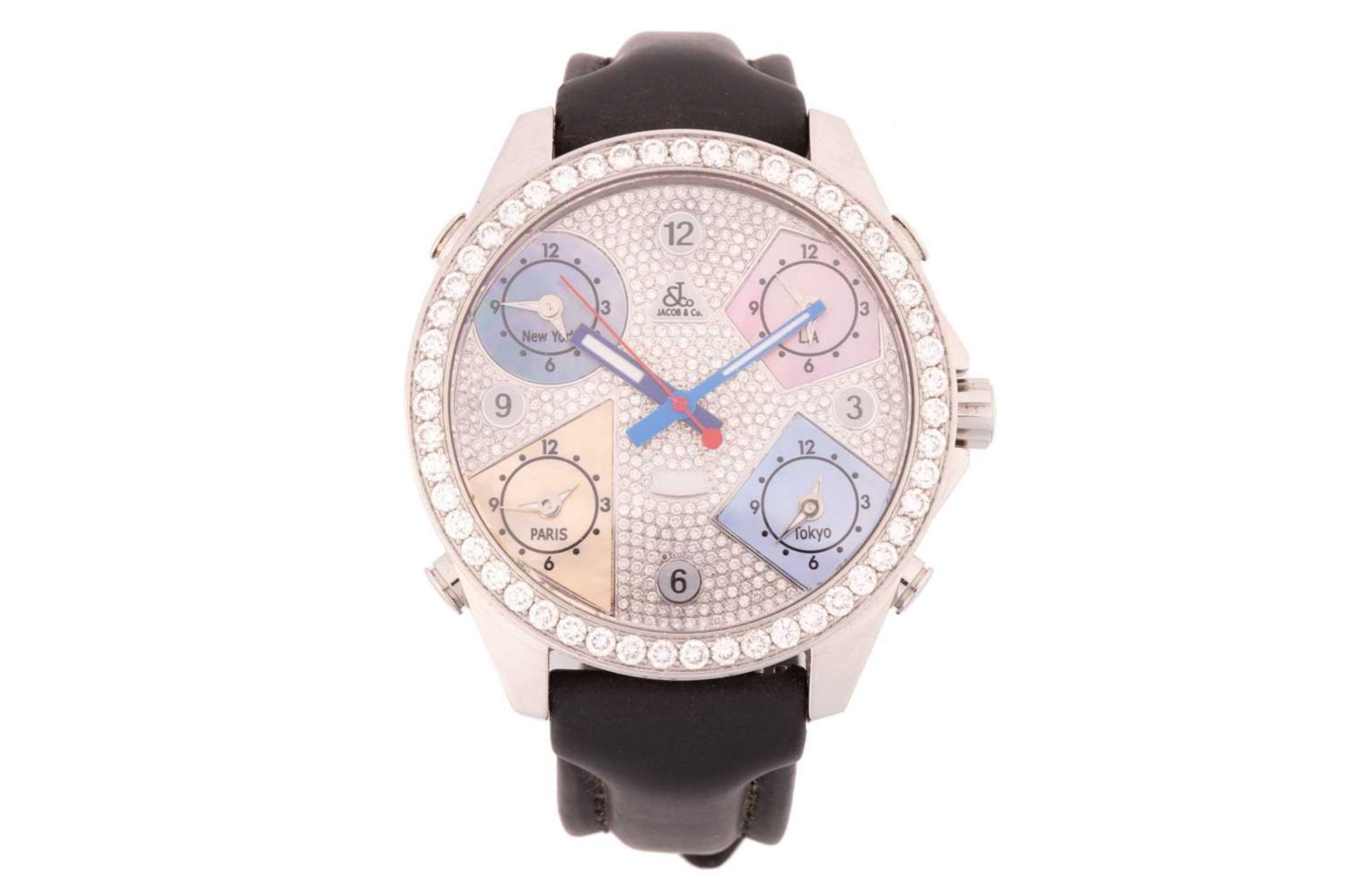 A Jacob & Co. '5 Time Zones' stainless steel and diamond quartz wristwatch, the diamond pave-set