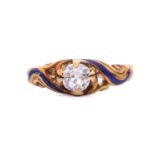 A Victorian diamond and enamel ring in 18ct gold, scintillating with an old-cut diamond of 5.3 x 5.2