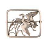 Georg Jensen - a rectangular openwork brooch depicting a duck flying above pond bulrushes, fitted