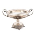 A large George V silver pedestal bowl, Sheffield 1933 by James Dixon & Sons, the twin-handles formed