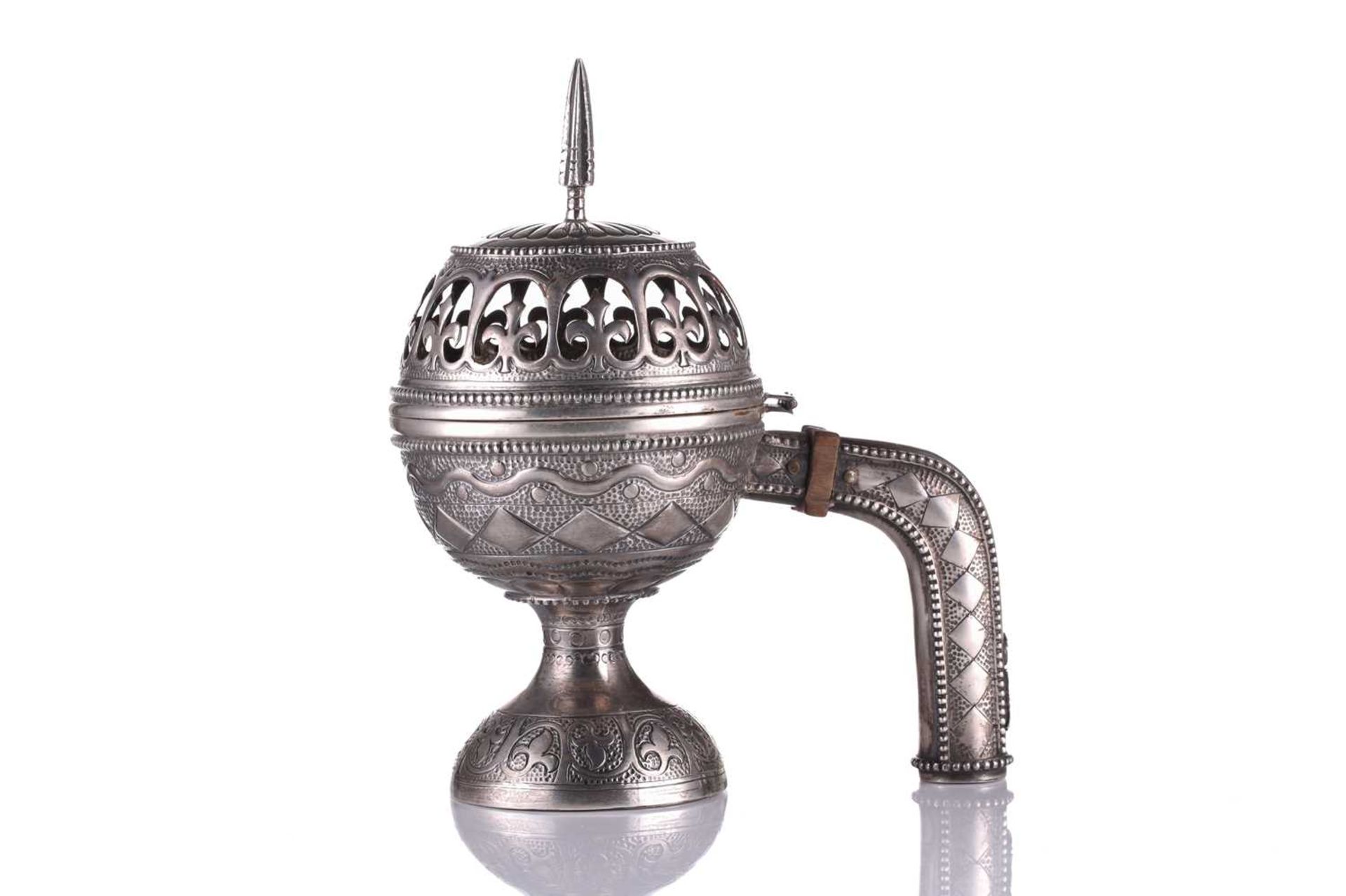 An Omani silver incense burner (Majmar), early 20th century, of typical pierced orb form with a - Image 2 of 7