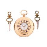 An 18k gold and enamel ladies half-hunting cased key wind pocket watch, with jewelled movement