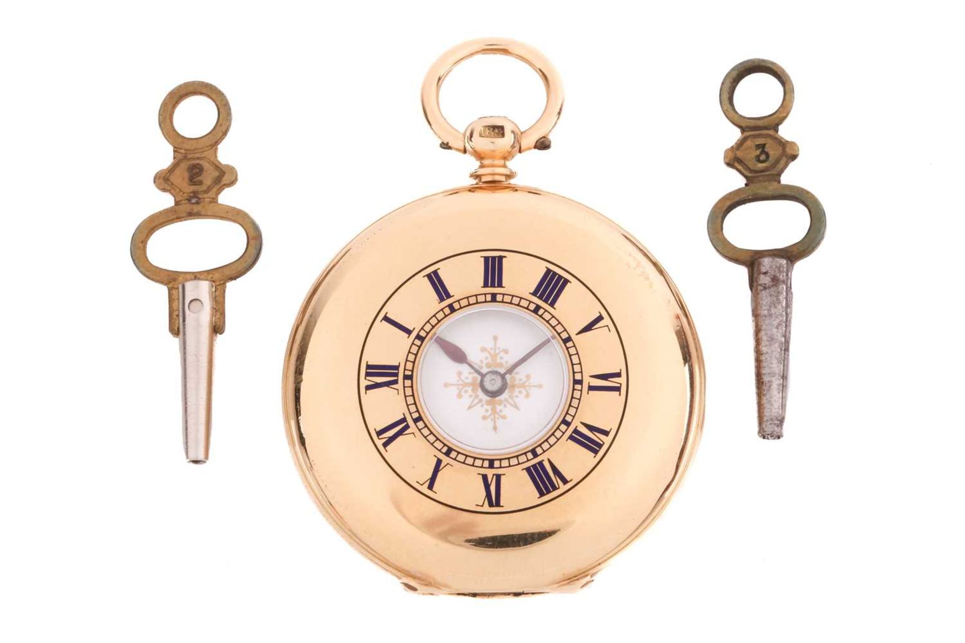 An 18k gold and enamel ladies half-hunting cased key wind pocket watch, with jewelled movement