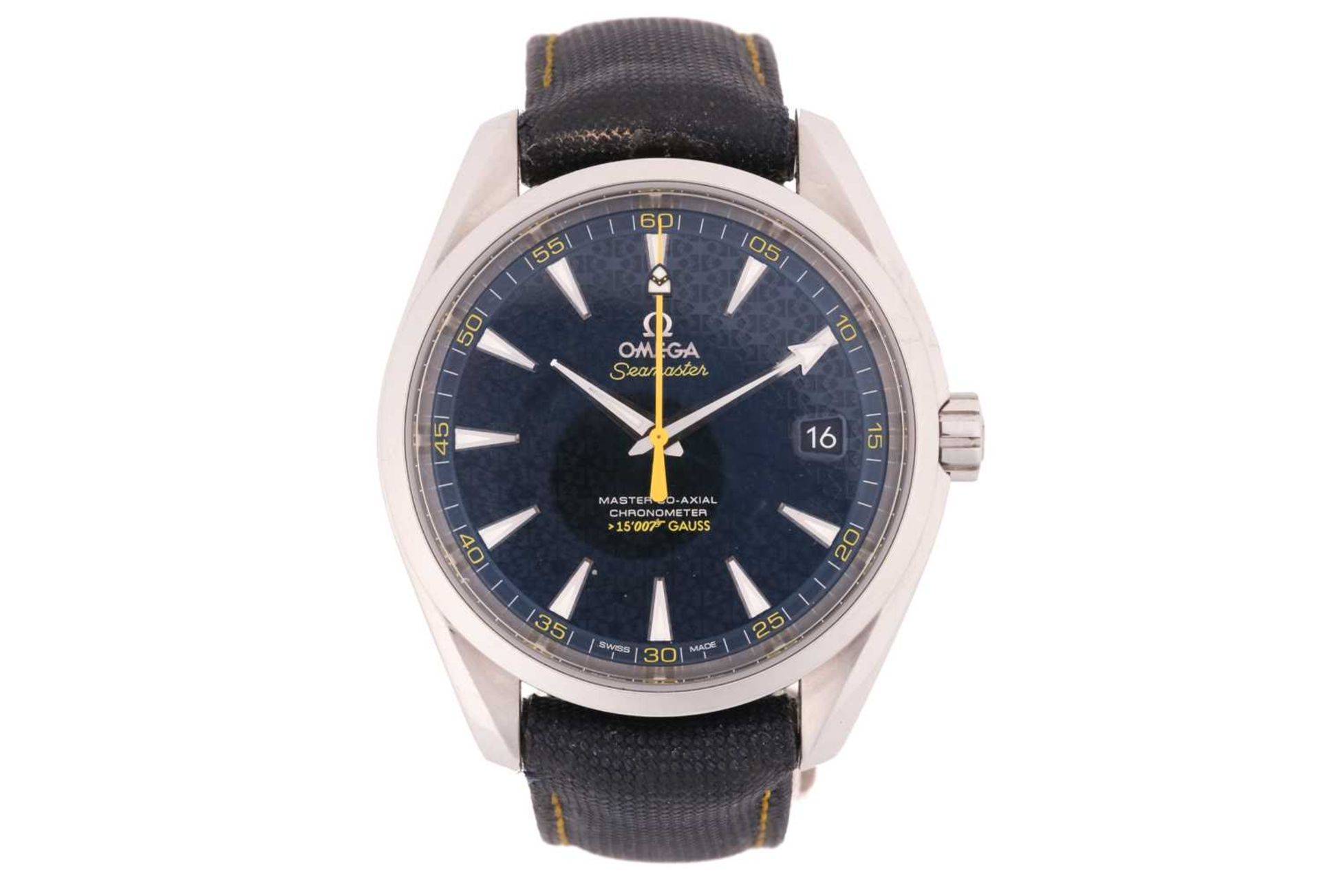 An Omega Seamaster James Bond 007 Aqua Terra stainless steel automatic wristwatch, the blue textured