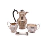 A three piece silver tea set; oval with scrolling and cross hatched engraved decoration, Monograms