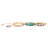 A collection of four gem-set rings; including a 9ct gold wedding band with a shallow D-section
