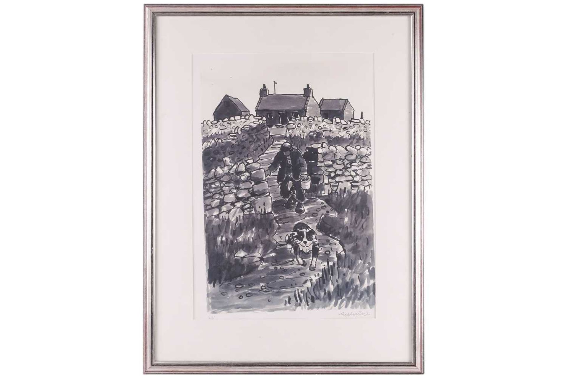 Kyffin Williams (1918-2006), Farmer with Sheep Dog and Bucket at Cilgwyn, signed and numbered 23/