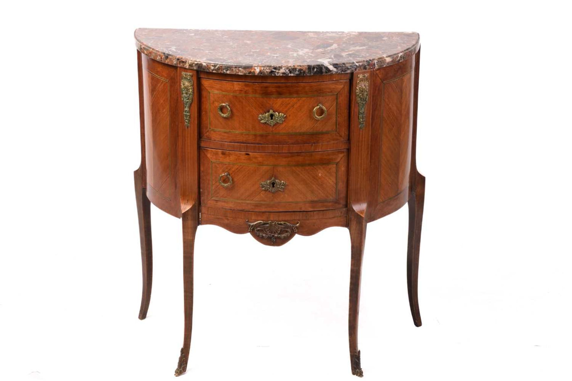 A Louis XV-style marble-topped tulipwood and mahogany demi lune petit commode, early 20th century,