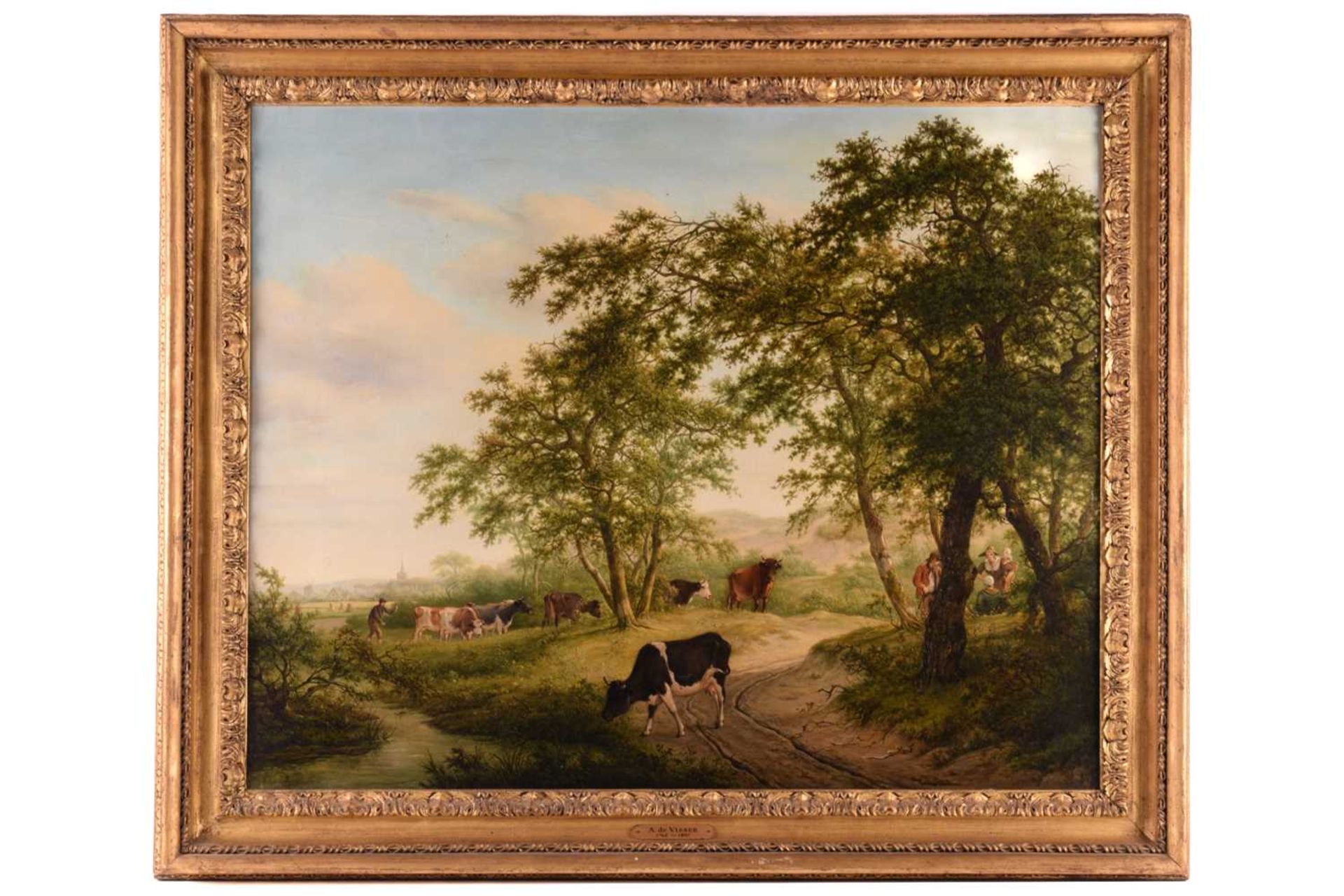 Adrianus de Visser (1762 - 1837), Cattle and figures on a riverside lane, signed and indistinctly - Image 2 of 11