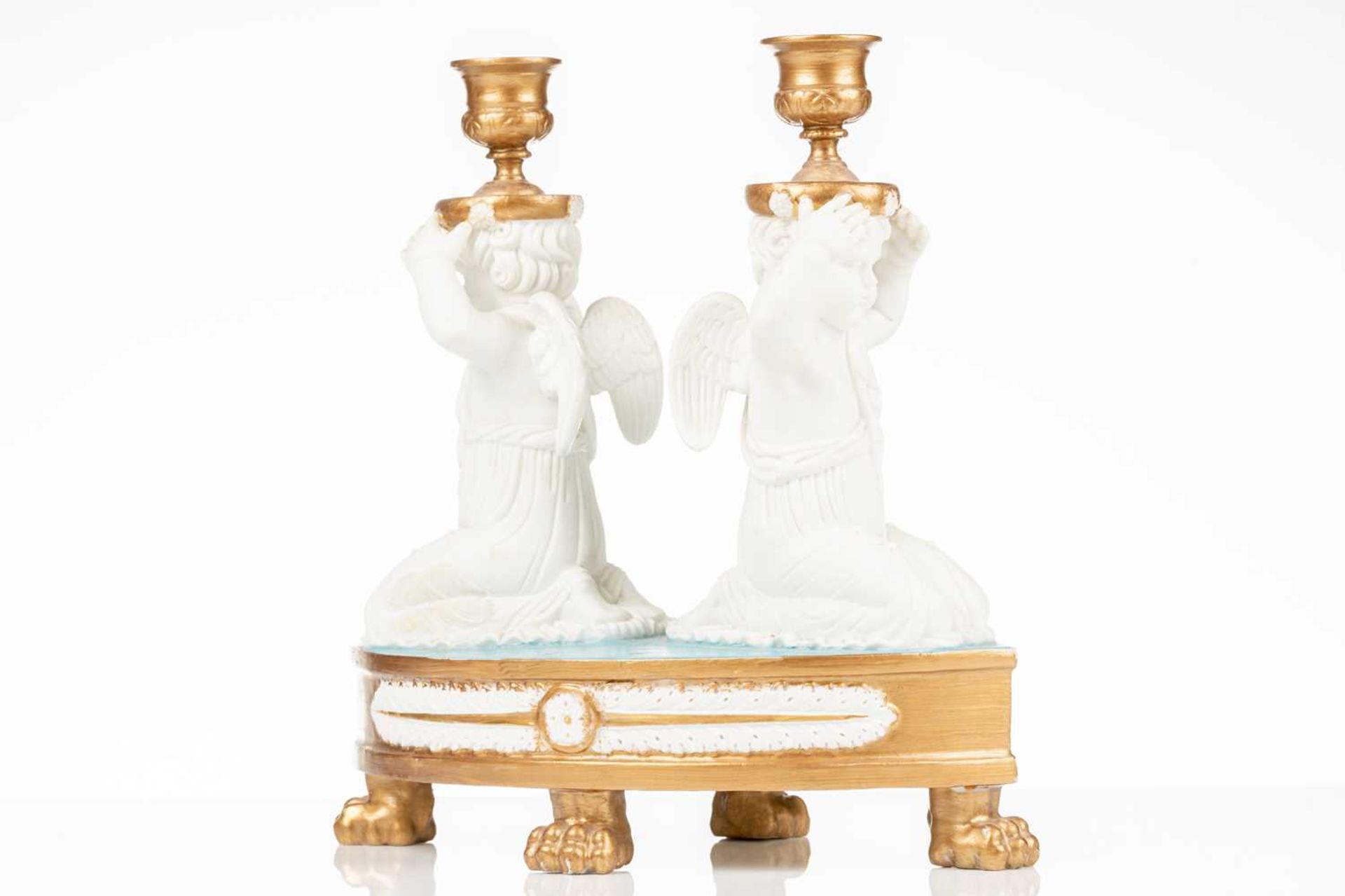 A 19th-century Jacquet et Nedonchelle (Bruxelles) porcelain double candlestick, formed with kneeling - Image 3 of 7