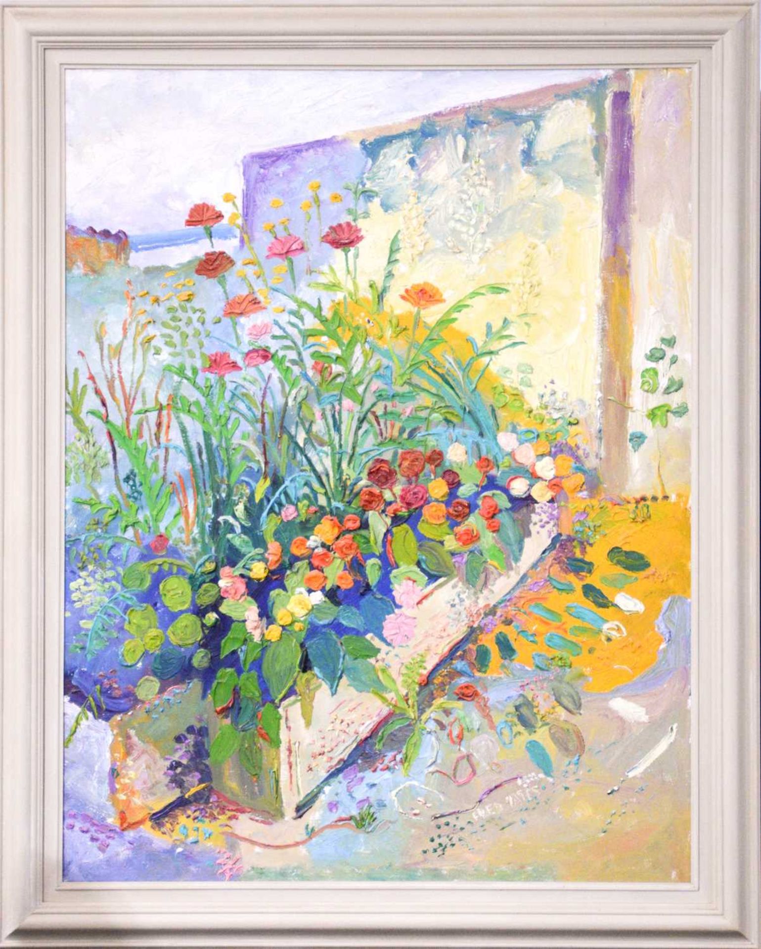 Fred Yates (1922 - 2008), 'My Garden in Rancon', signed, oil on canvas, 115.5 x 89 cm, framed, frame