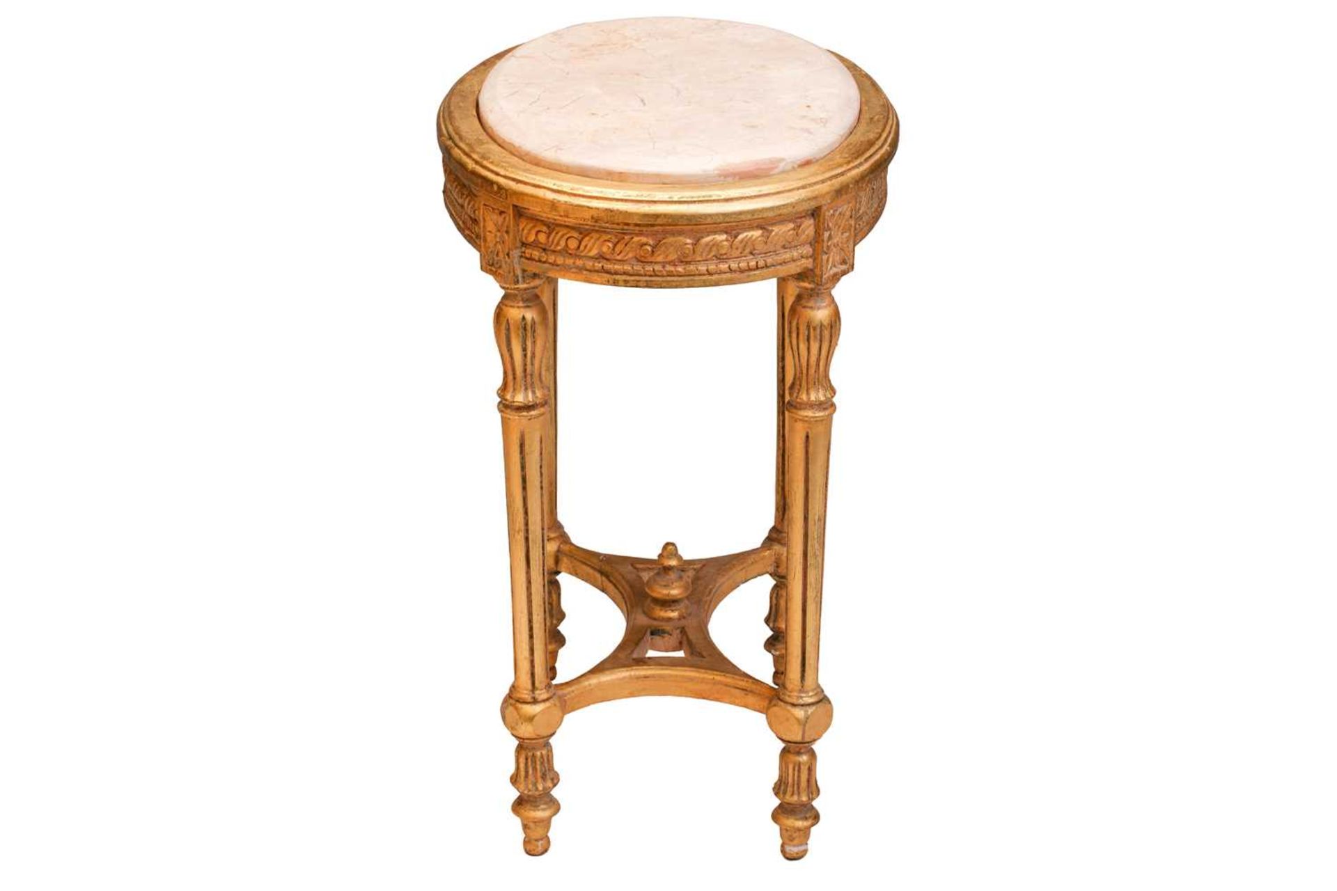 A Louis XVI style marble-topped oval giltwood table, 20th century with turned supports and shaped - Image 3 of 10