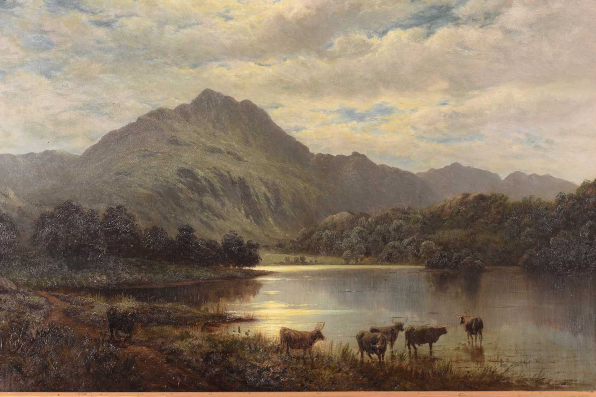 J O Hume (19th century), Highland cattle by a loch in a moonlit landscape, inscribed verso 'Ben - Image 6 of 13