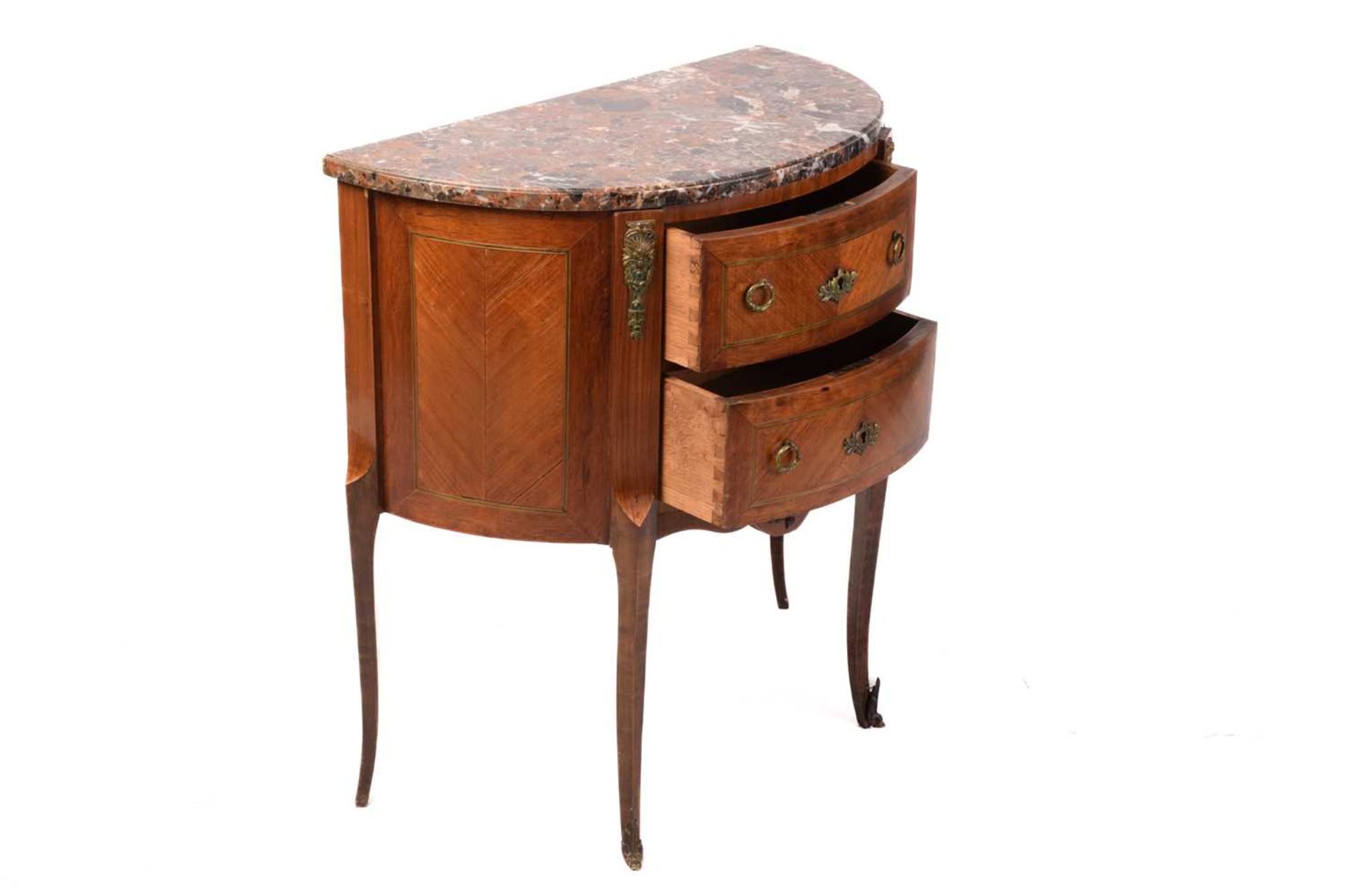 A Louis XV-style marble-topped tulipwood and mahogany demi lune petit commode, early 20th century, - Image 4 of 8
