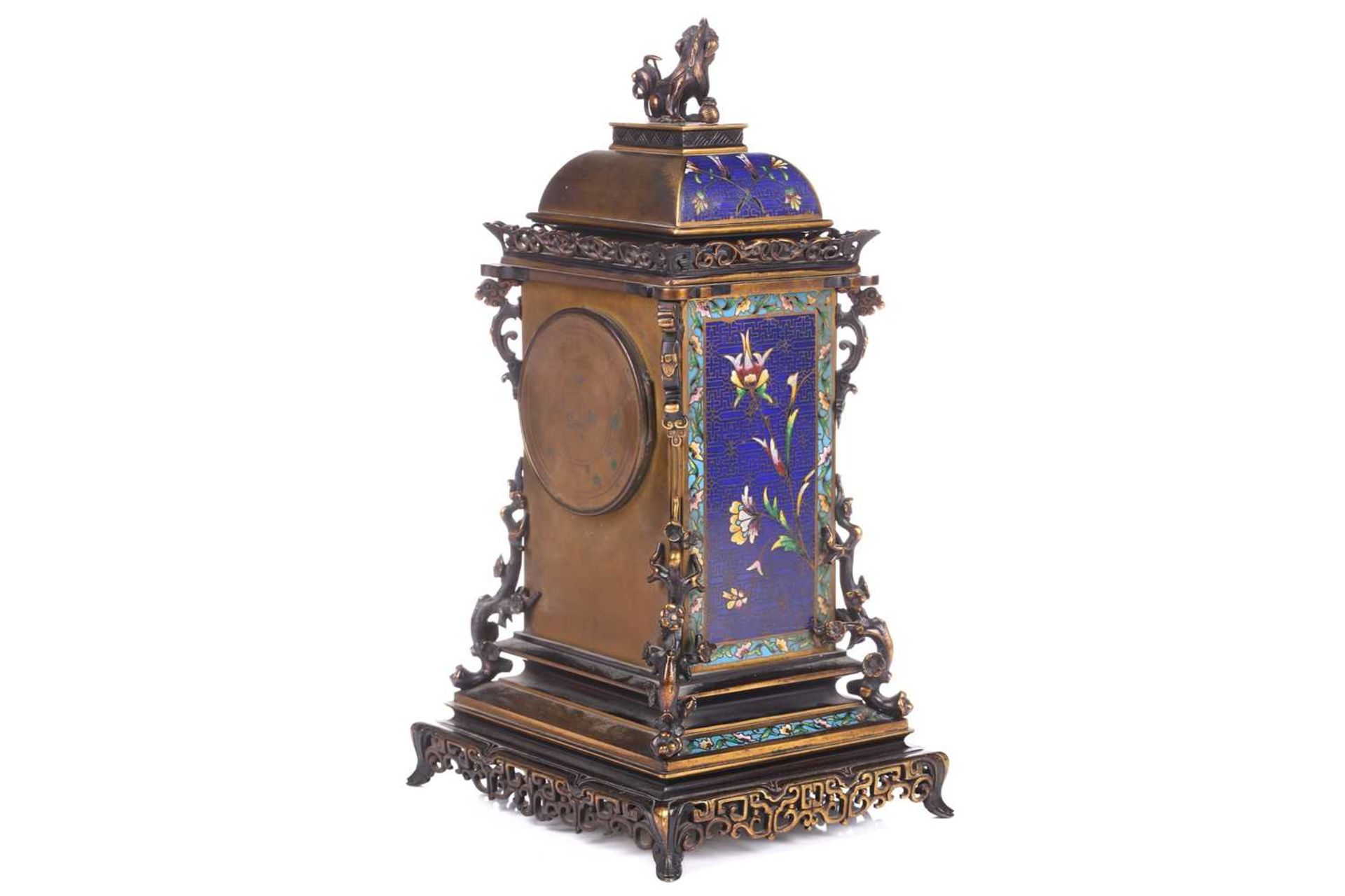 A Japy Freres 8-day cloisonne cased mantle clock of pagoda form with lion dog finial and peony - Image 4 of 25