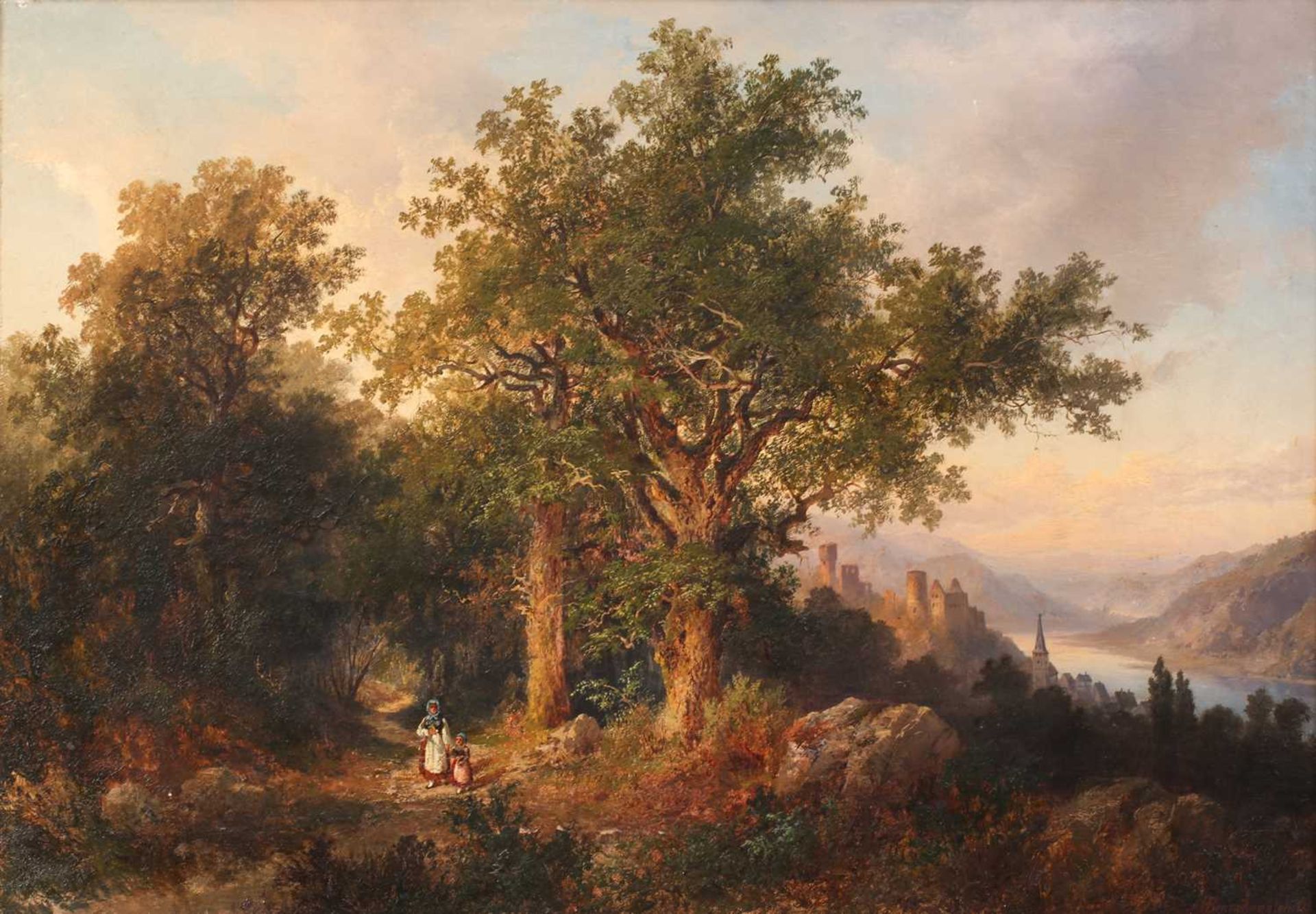 Herman Bennekenstein (1830 - 1890) German, Figures in a landscape with a castle beyond, signed and - Image 3 of 15