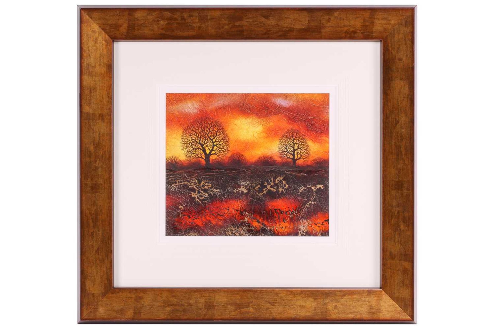 Kerry Darlington (b.1974), trees in an autumnal landscape, mixed media and resin on board, signed to