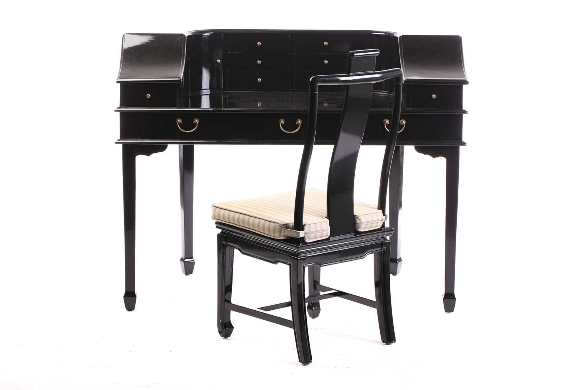 A black lacquered Carlton House-type writing desk, 20th century, fitted with a bank of short drawers - Image 2 of 14