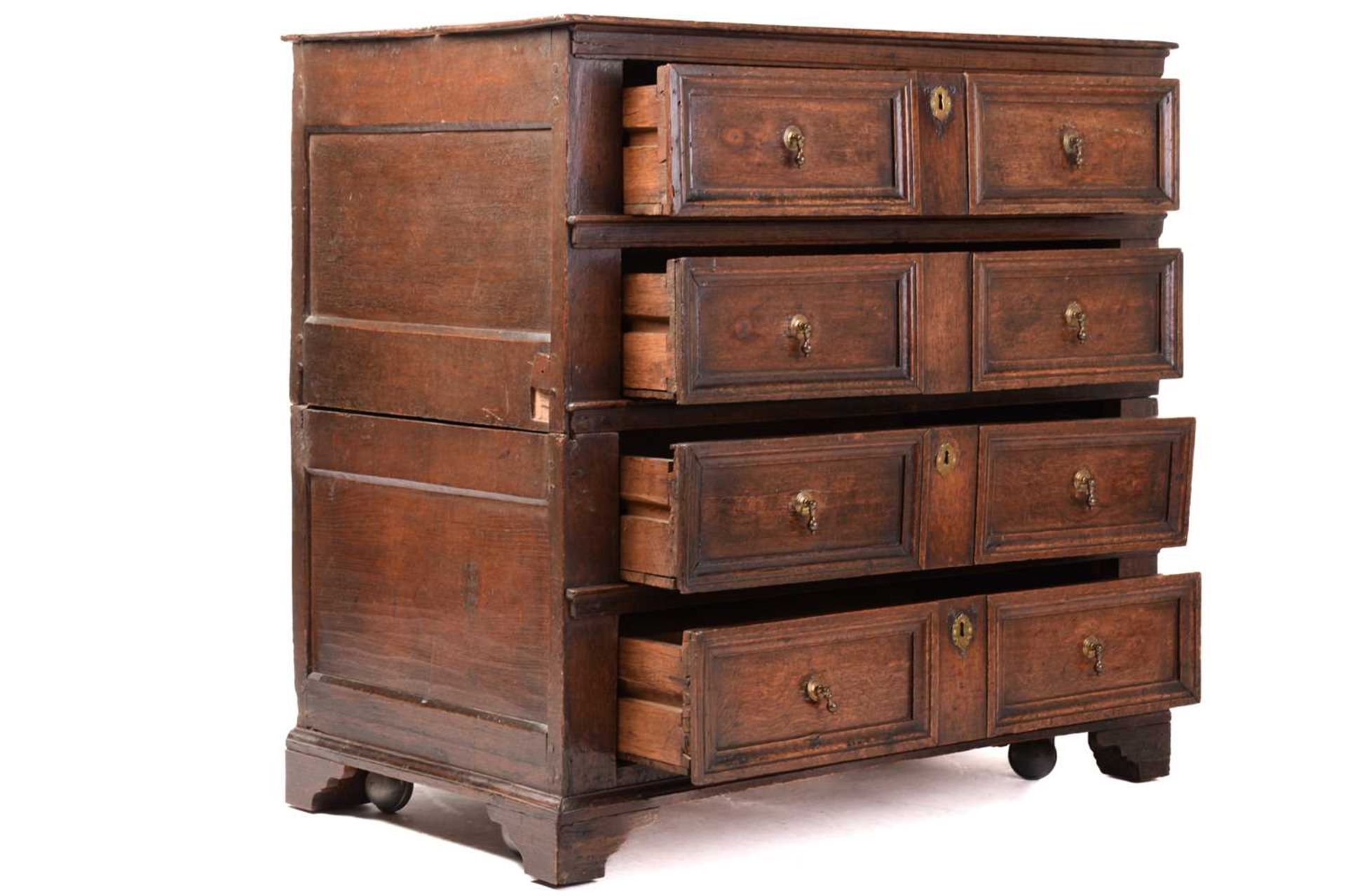 A Charles II oak two-section chest of four drawers with simple moulded drawer fronts and panel - Image 8 of 8