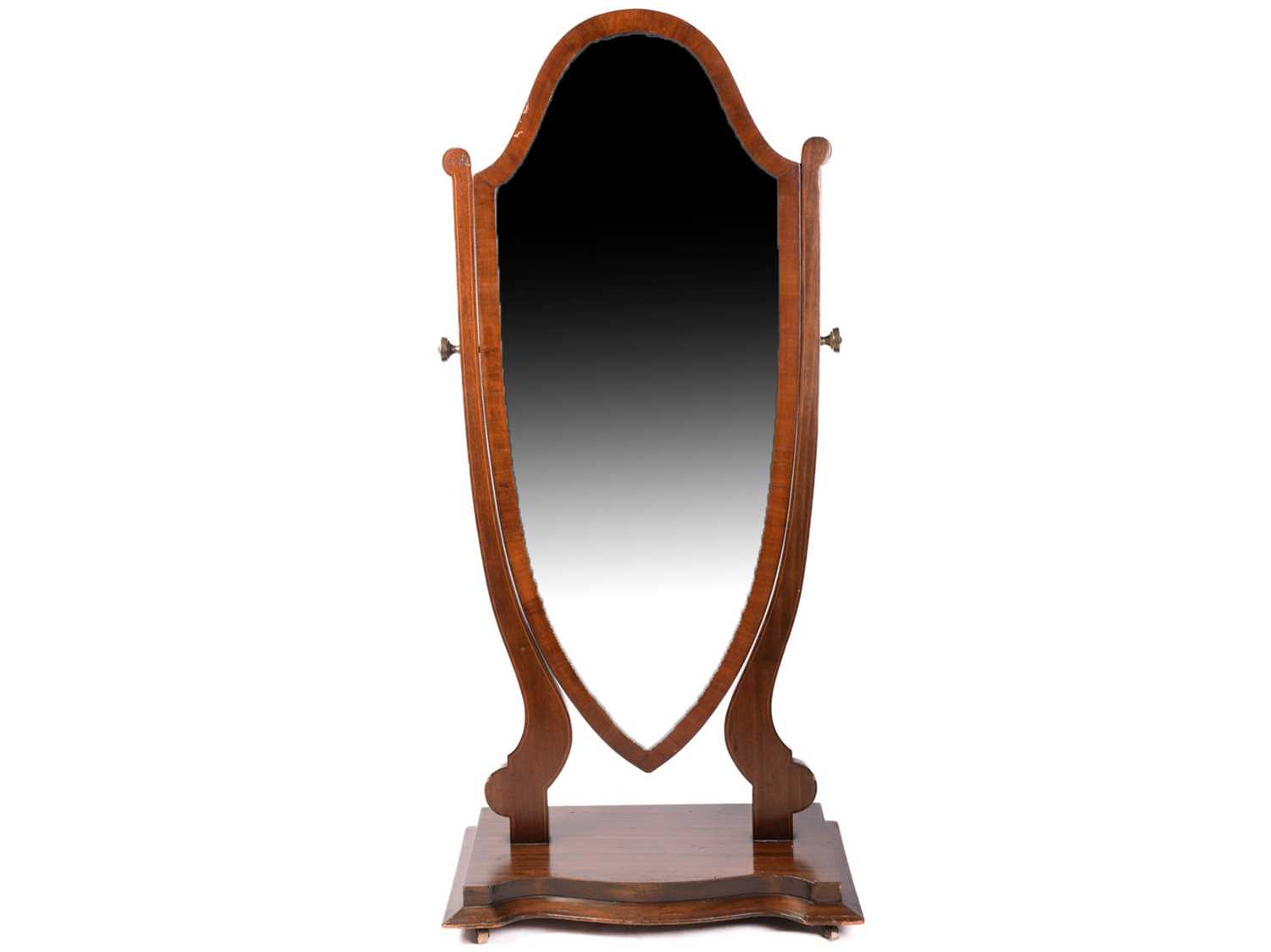 An Edwardian mahogany chevalier dressing mirror with lyre shaped supports and shield mirror,