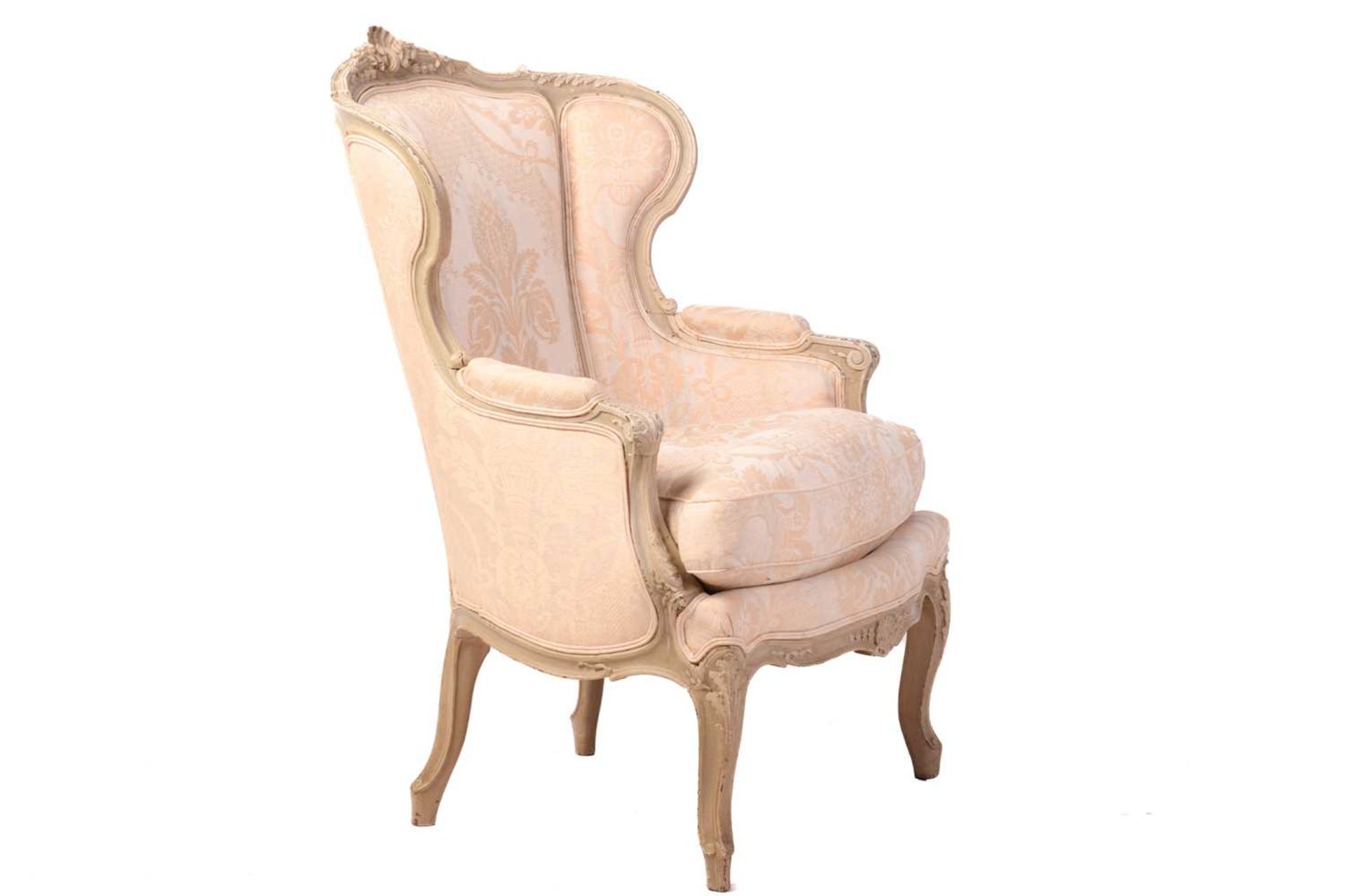 A French Louis XV-style dove grey painted bergere armchair with wing back and carved shell - Image 8 of 8