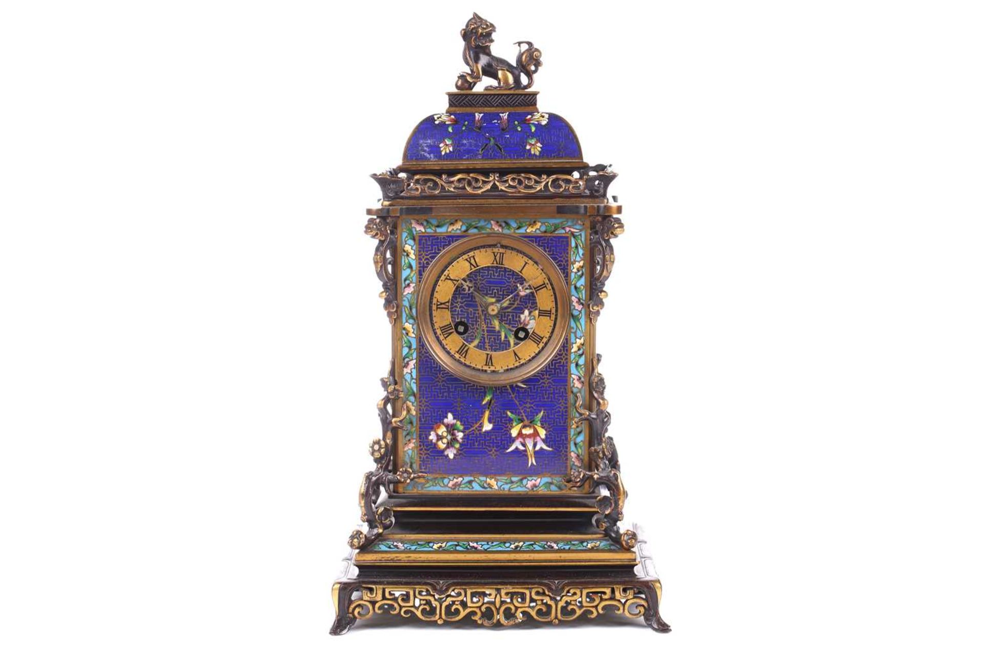 A Japy Freres 8-day cloisonne cased mantle clock of pagoda form with lion dog finial and peony