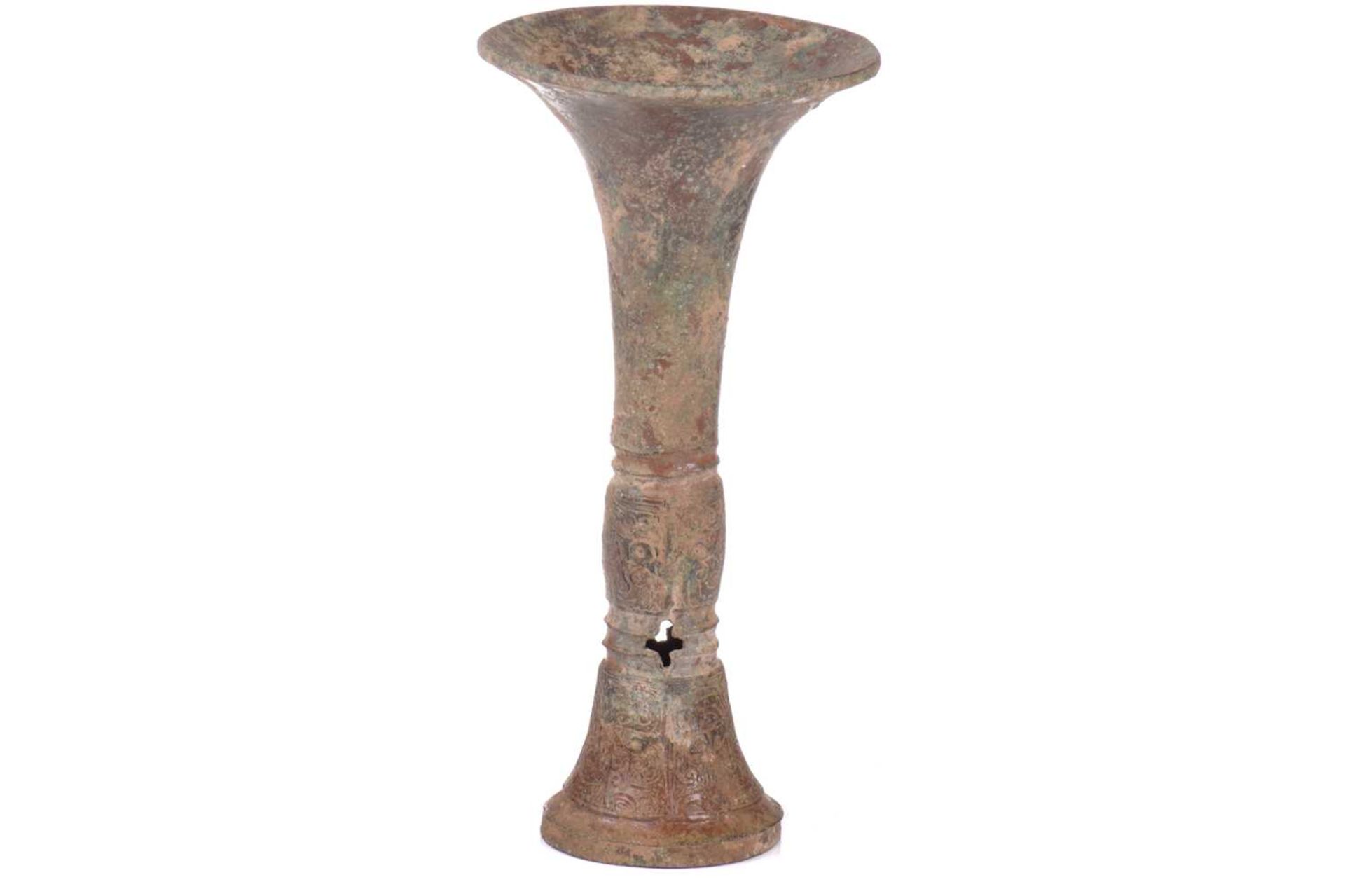 A Chinese Shang style bronze Gu vase, possibly Ming dynasty, with trumpet shape mouth, the lower - Image 3 of 10