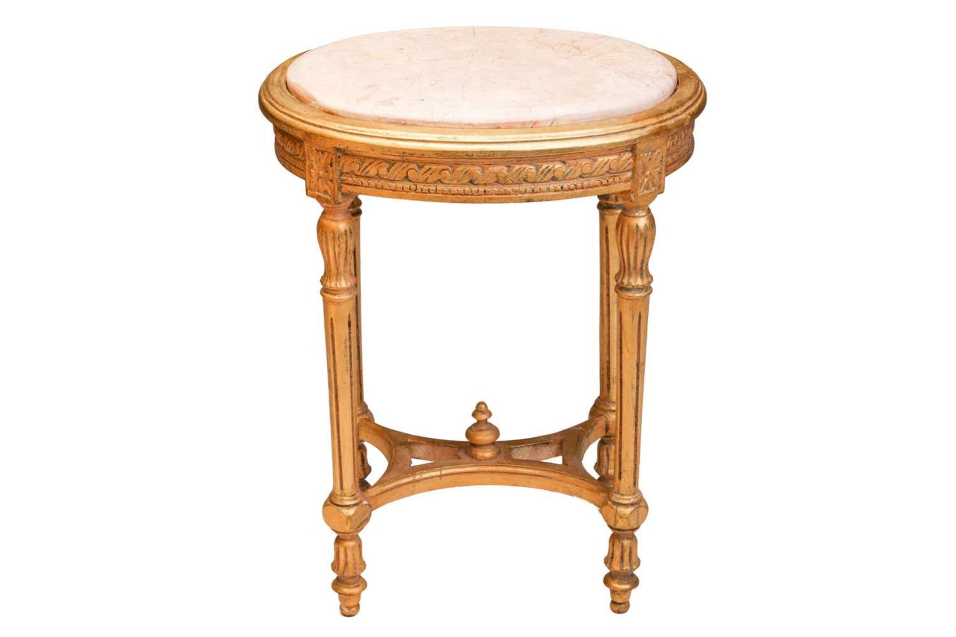 A Louis XVI style marble-topped oval giltwood table, 20th century with turned supports and shaped - Image 2 of 10