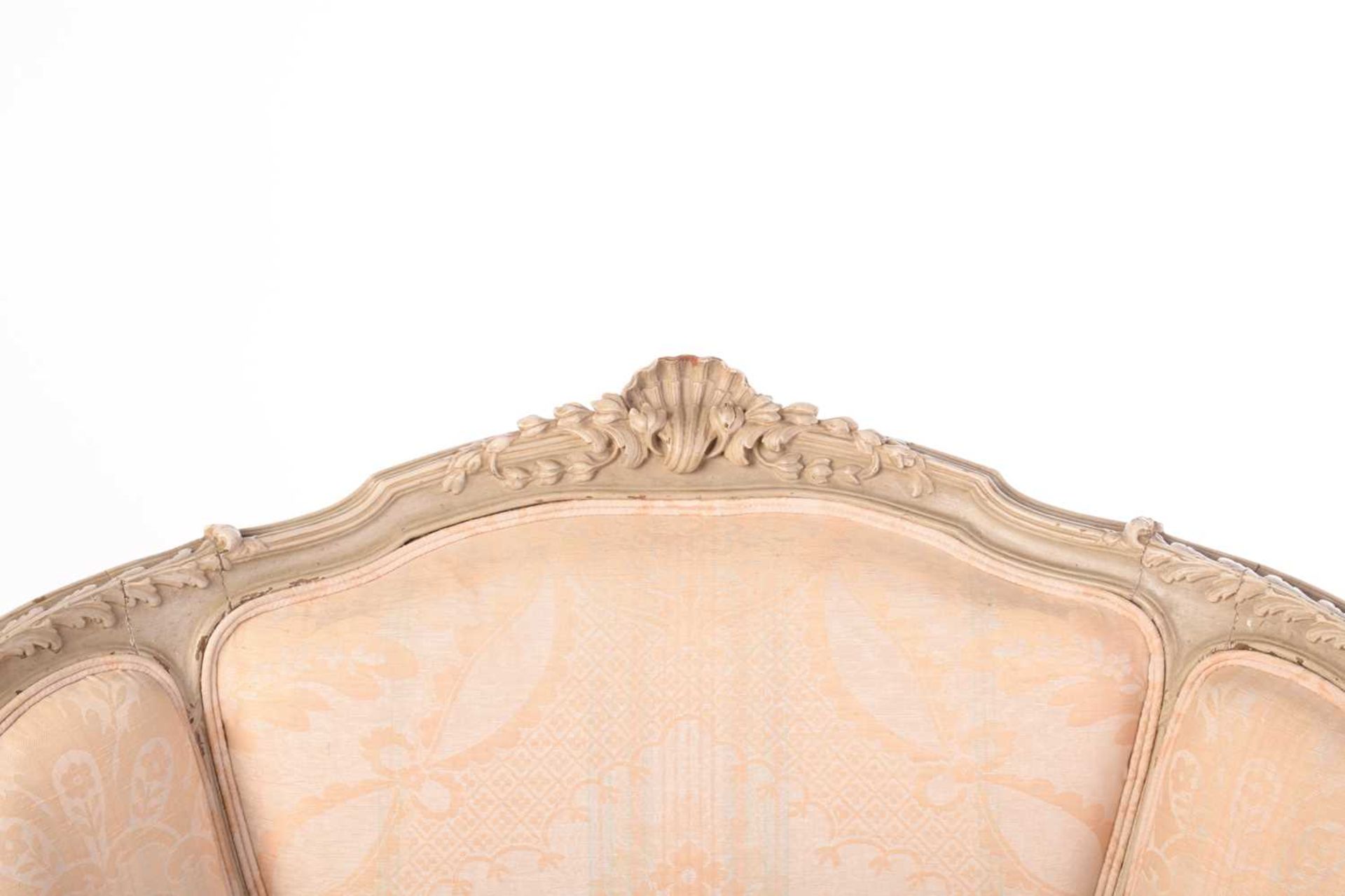 A French Louis XV-style dove grey painted bergere armchair with wing back and carved shell - Image 7 of 8