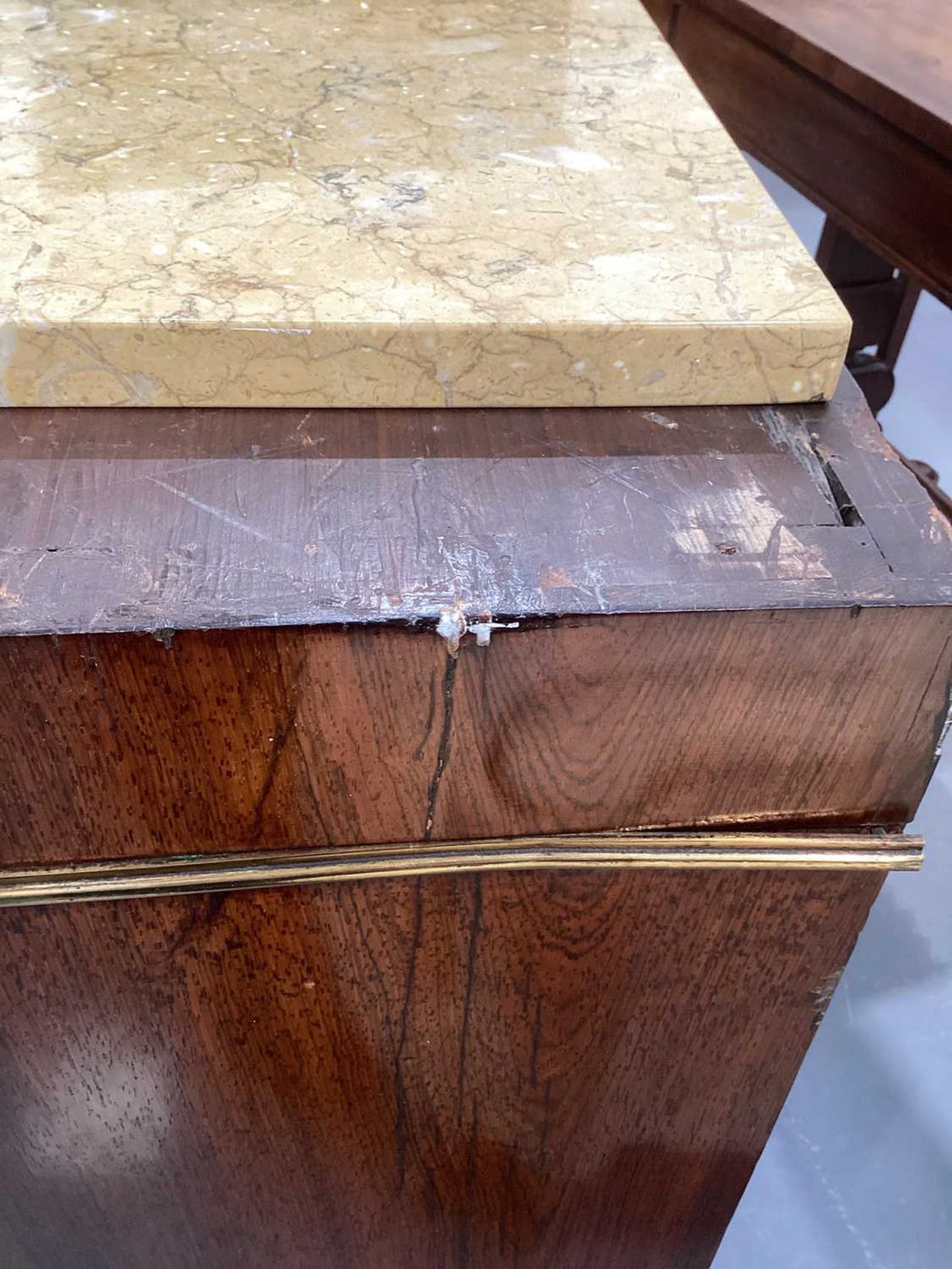 A Regency brass inlaid rosewood chiffonier in the manner of John Maclean, with sienna marble top, - Image 8 of 8