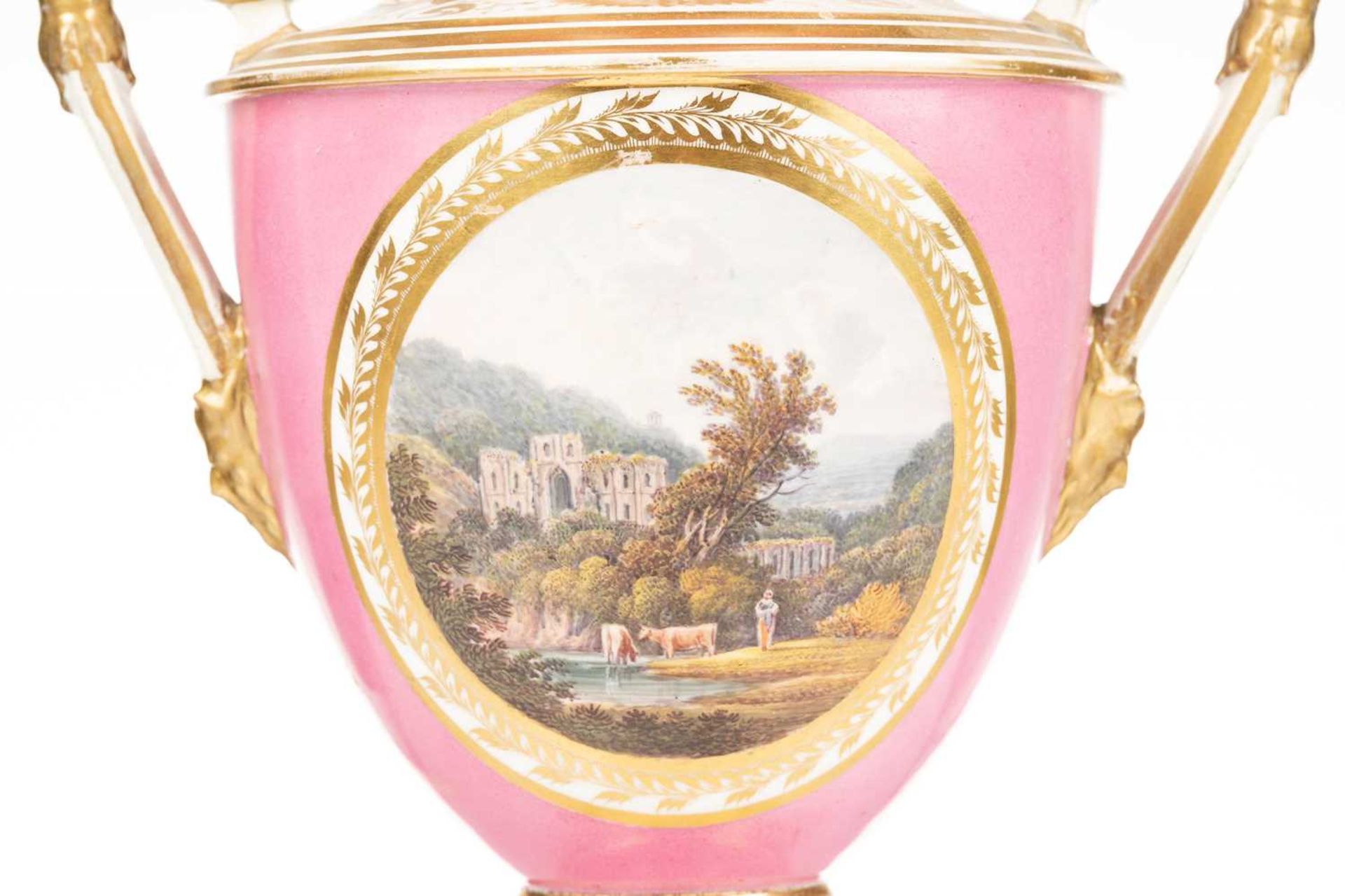 A 19th-century Derby porcelain twin-handled vase, with a hand-painted view of Rievaulx Abbey, - Image 3 of 16