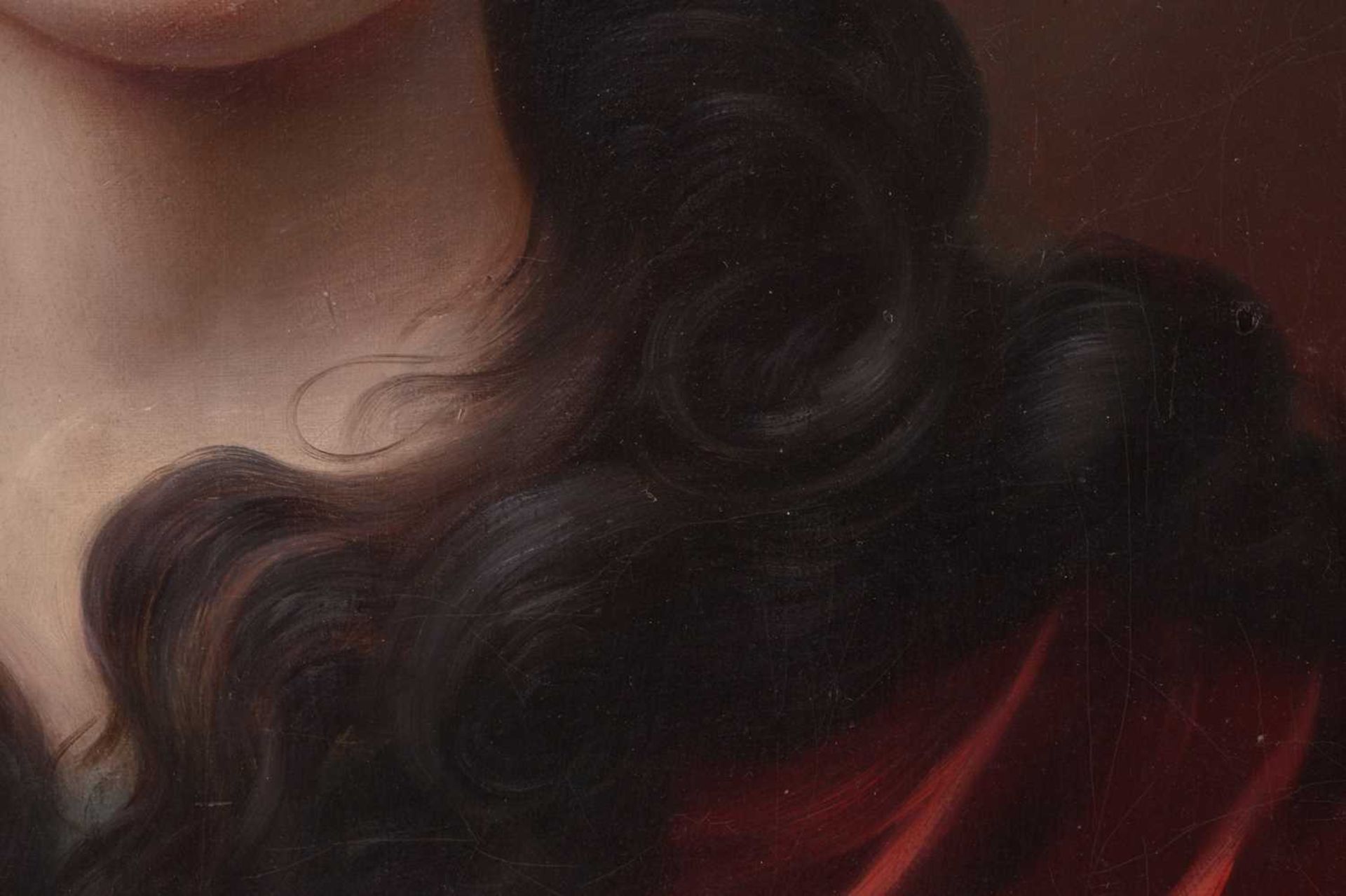 20th century Italian School, Bust length portrait of a lady with dark hair and red robe, unsigned, - Image 5 of 16