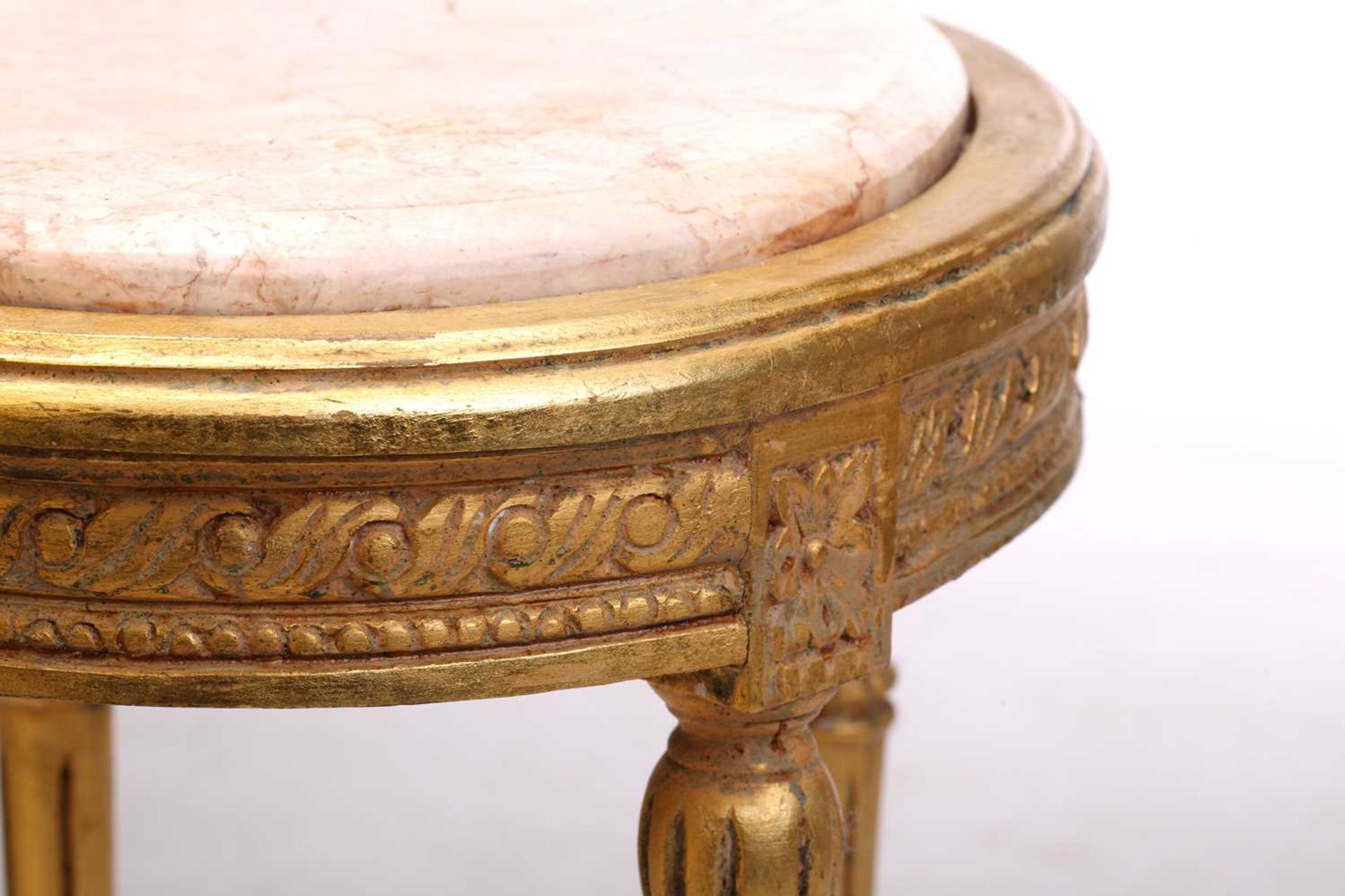 A Louis XVI style marble-topped oval giltwood table, 20th century with turned supports and shaped - Image 8 of 10
