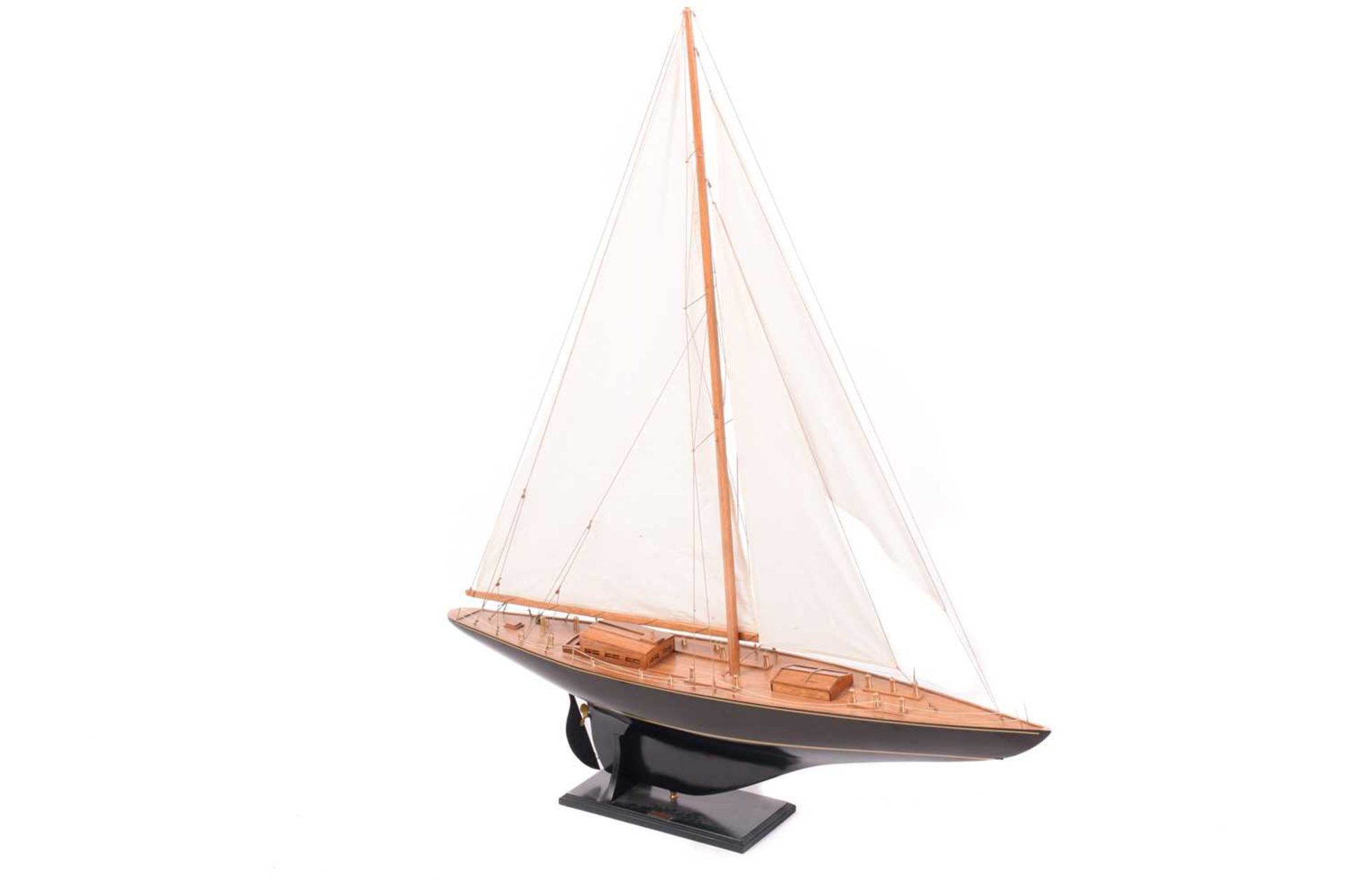 A painted and stained wood model of the yacht 'Endeavour', with fabric sales and rigging on a titled - Image 13 of 16