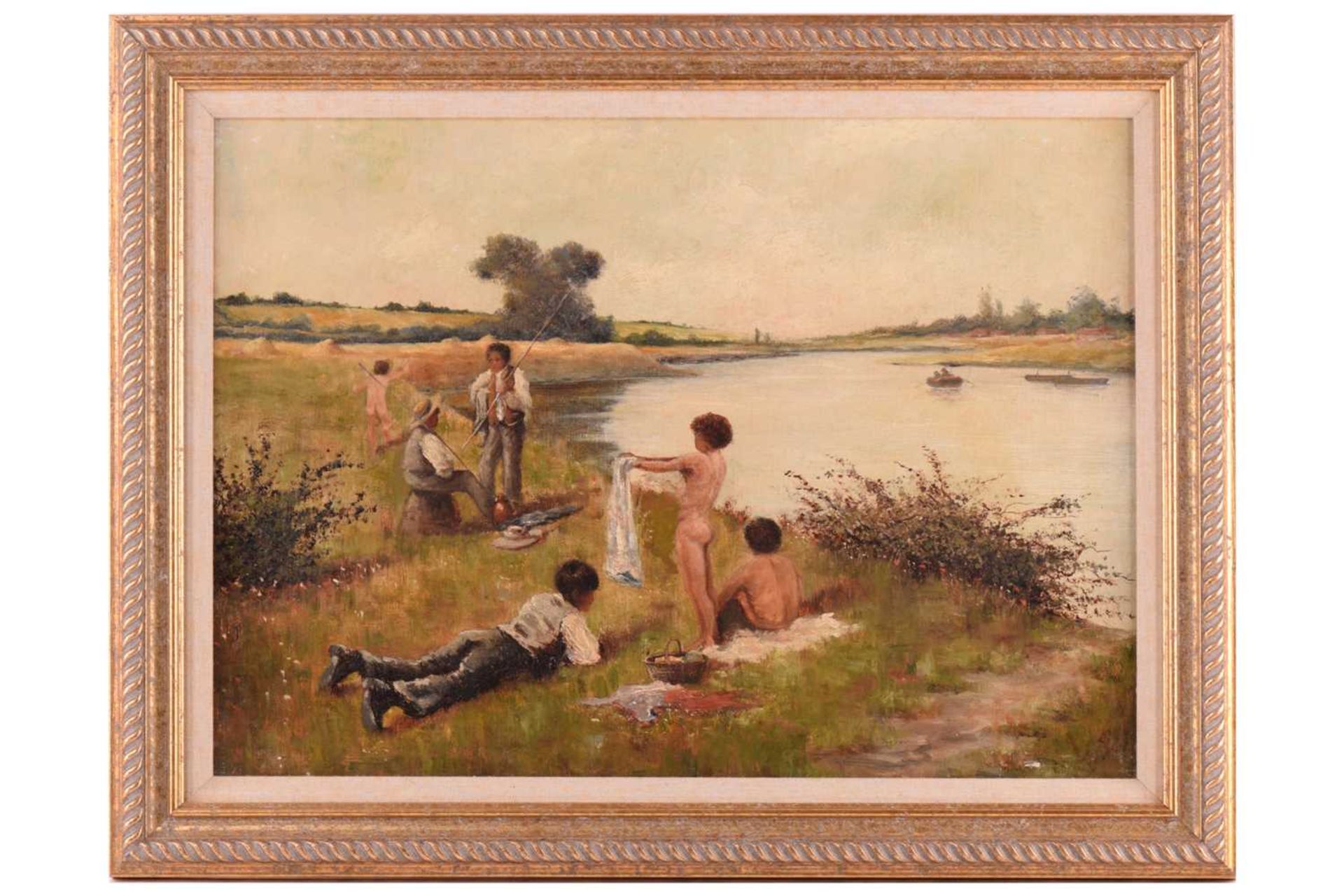 B. Baker (19th century), children beside a river on a summer's day, oil on canvas, signed verso