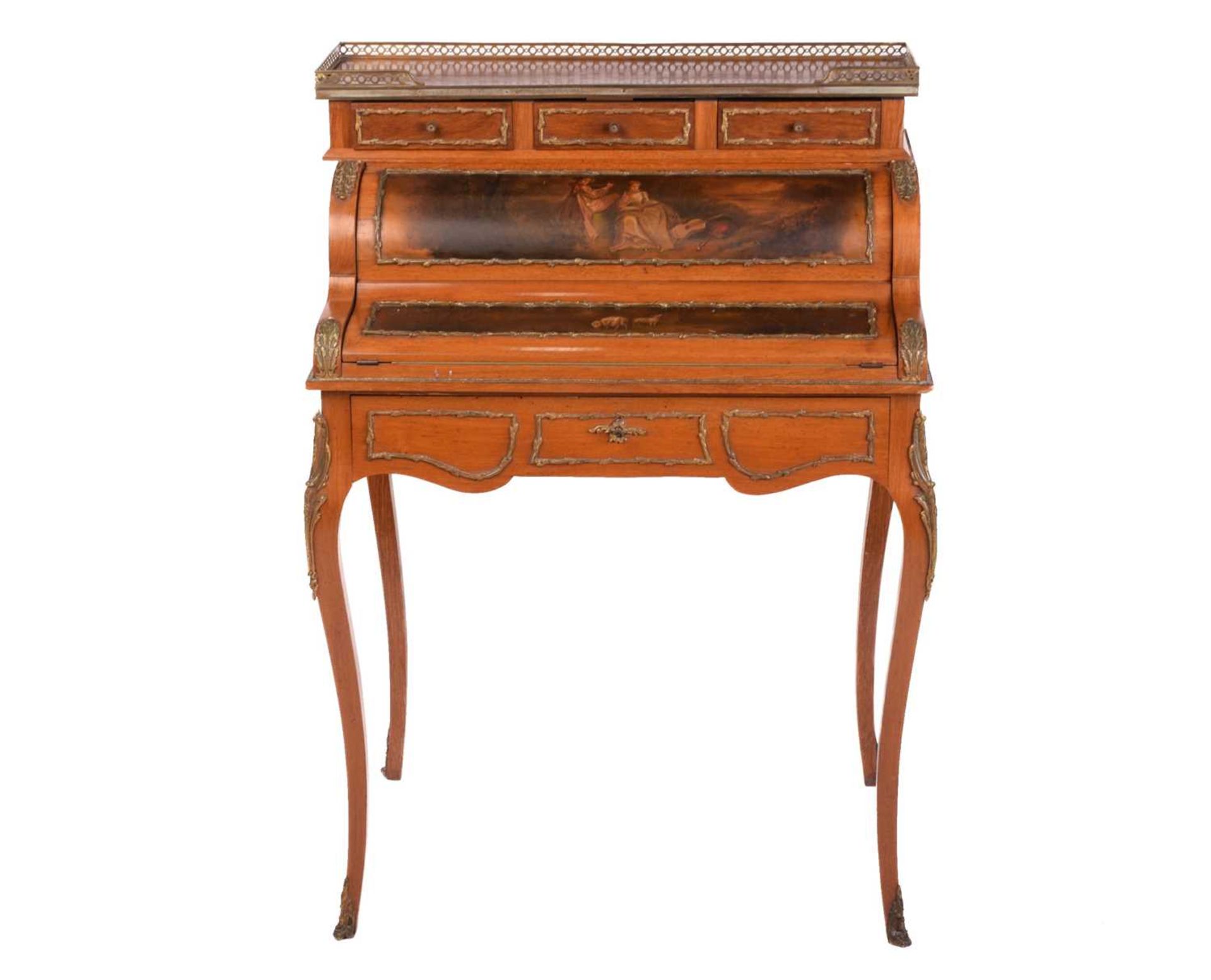 A French Louis XV style rosewood and Vernis Martin panelled Bureau de Cylinder, early 20th