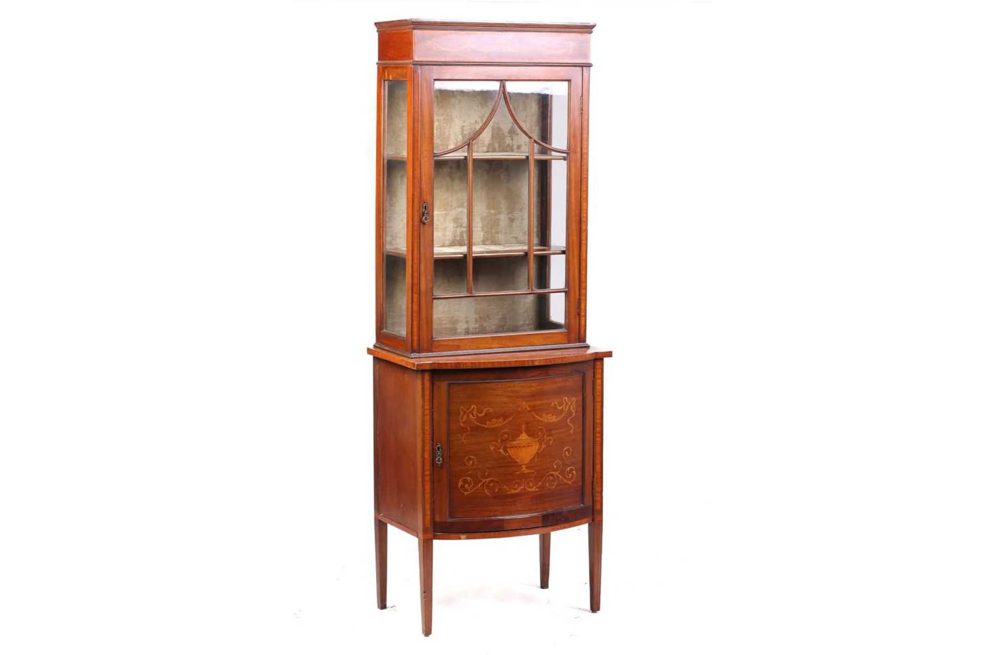An Edwardian mahogany glazed display cabinet, with 'pagoda arched' astragal glazing, above a bow- - Image 7 of 7
