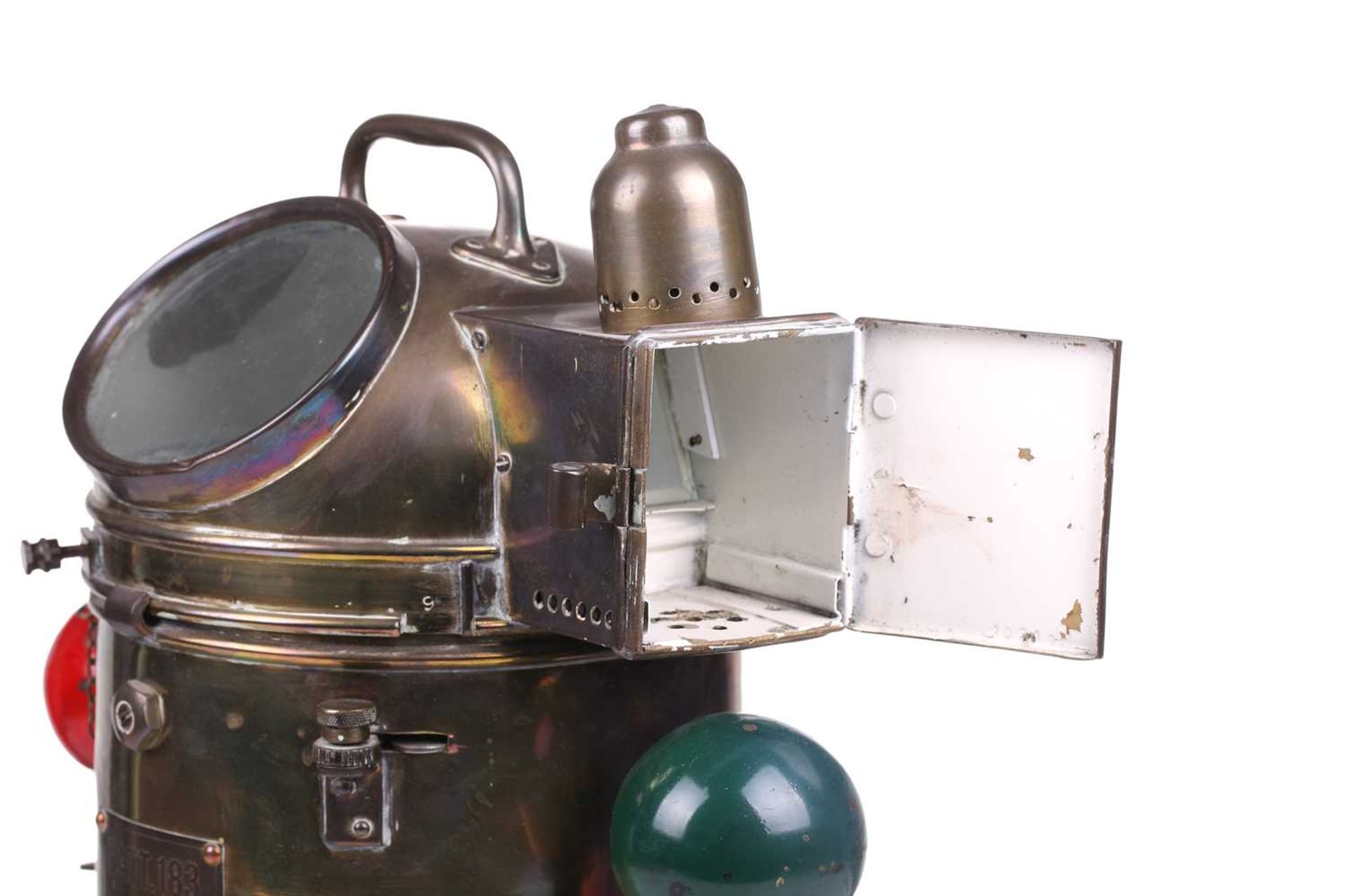 An early 20th-century Royal Navy (Lifeboat?) brass Patt.183 binnacle and liquid-damped compass - Image 11 of 13