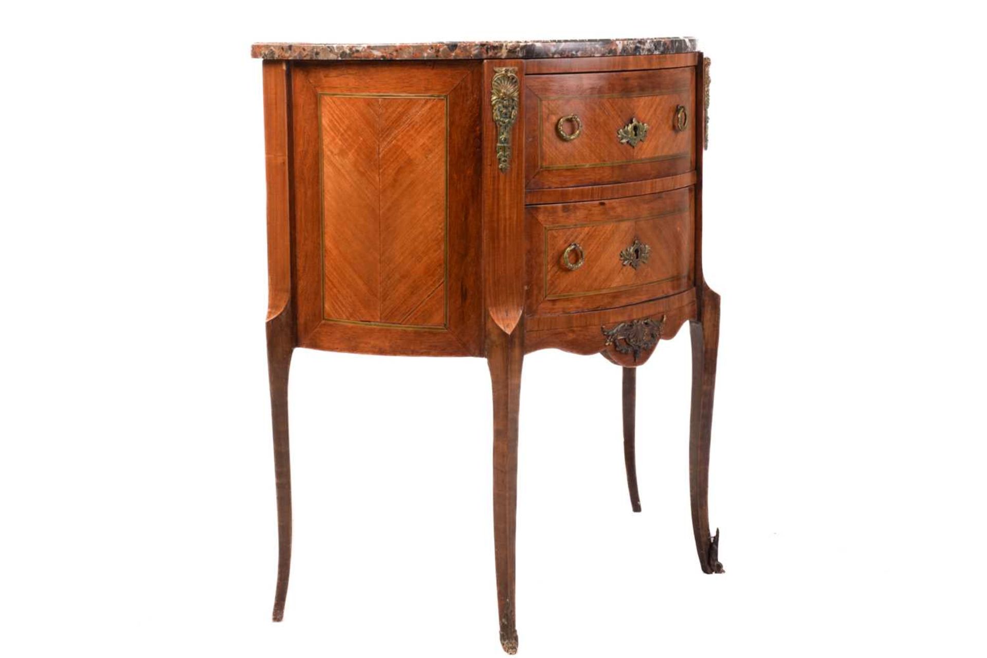A Louis XV-style marble-topped tulipwood and mahogany demi lune petit commode, early 20th century, - Image 2 of 8