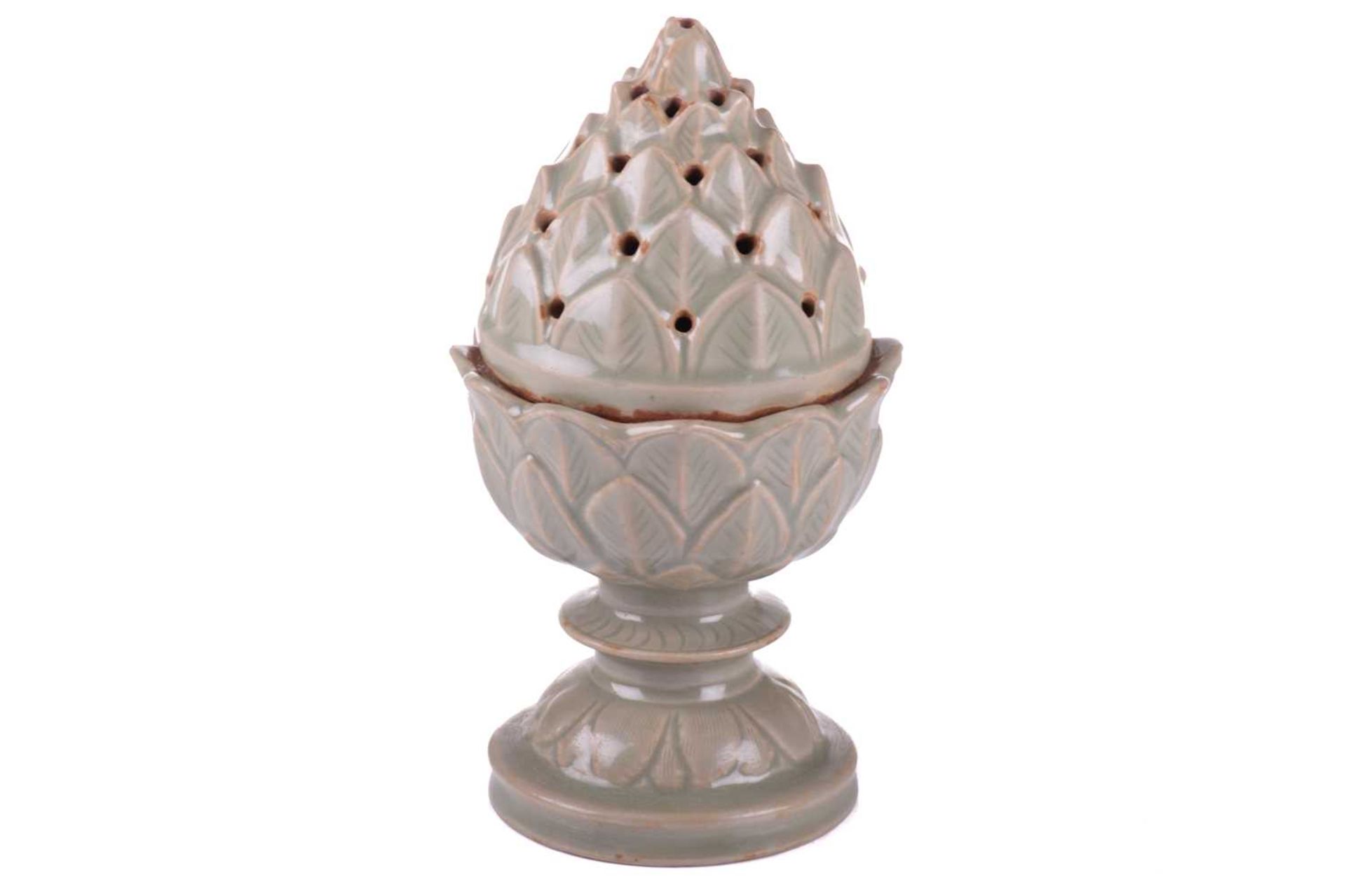 A celadon Artichoke censer, possibly Korean, the cover pierced between each leaf, the base with