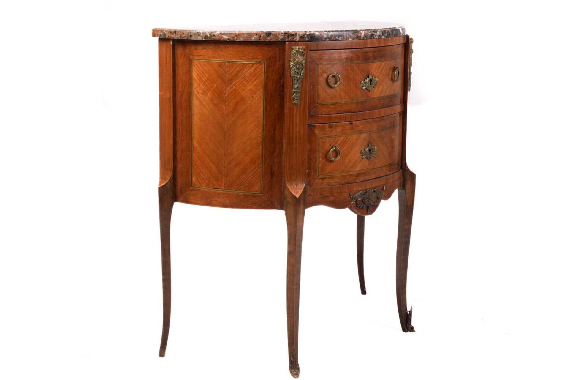 A Louis XV-style marble-topped tulipwood and mahogany demi lune petit commode, early 20th century, - Image 8 of 8