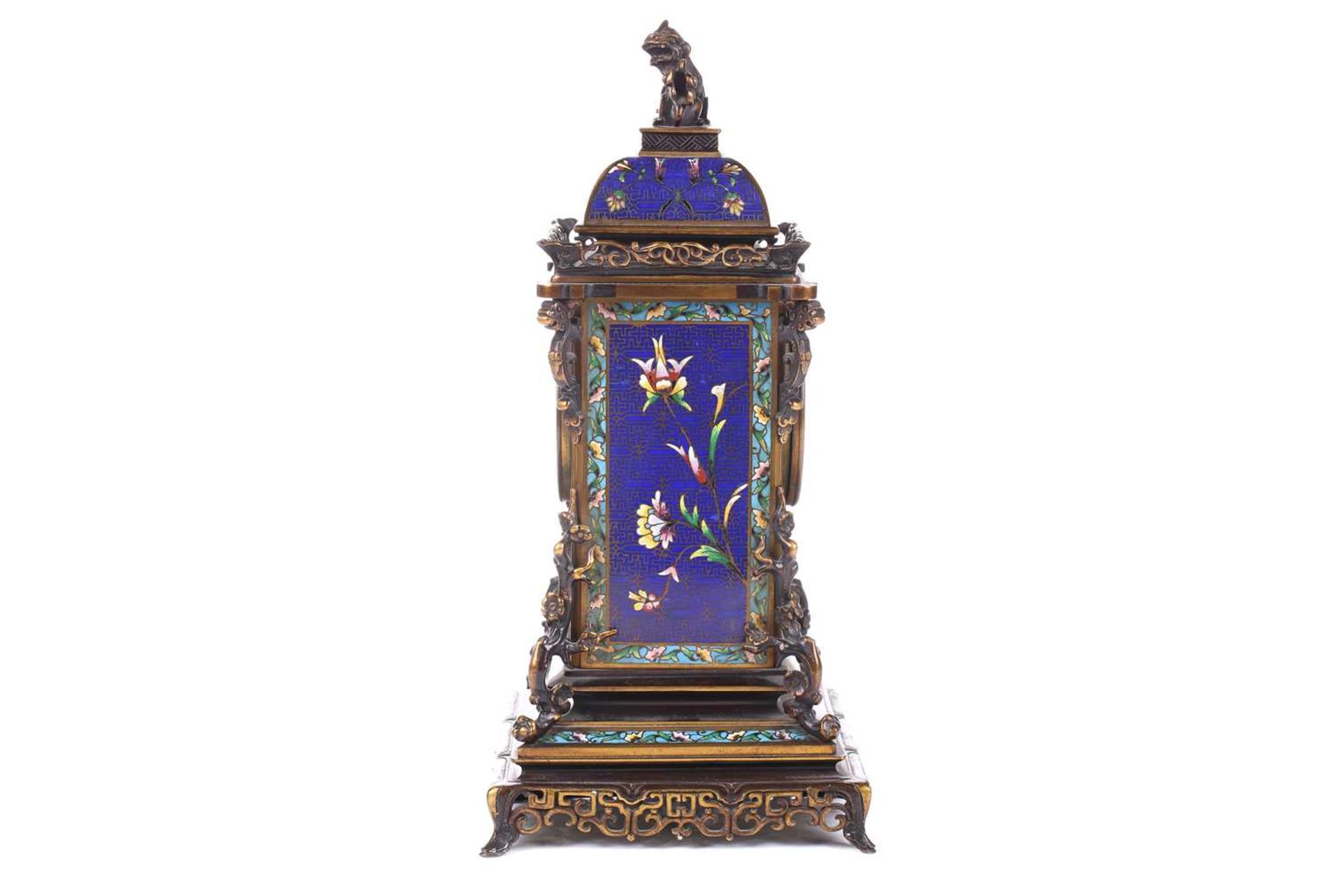 A Japy Freres 8-day cloisonne cased mantle clock of pagoda form with lion dog finial and peony - Image 9 of 25