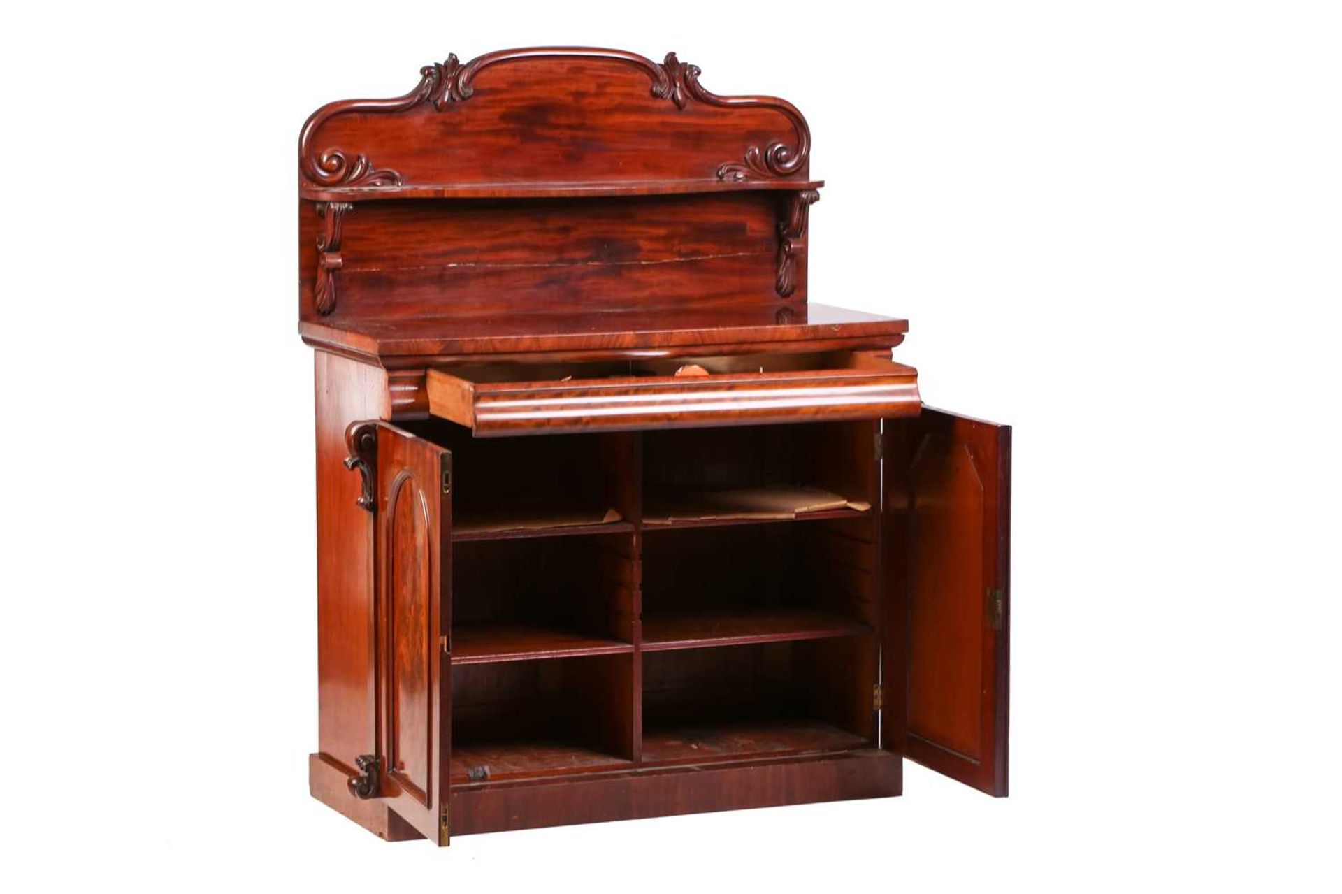 Victorian mahogany chiffonier with an ogee moulded frieze drawer above a pair of arched panel - Image 2 of 6