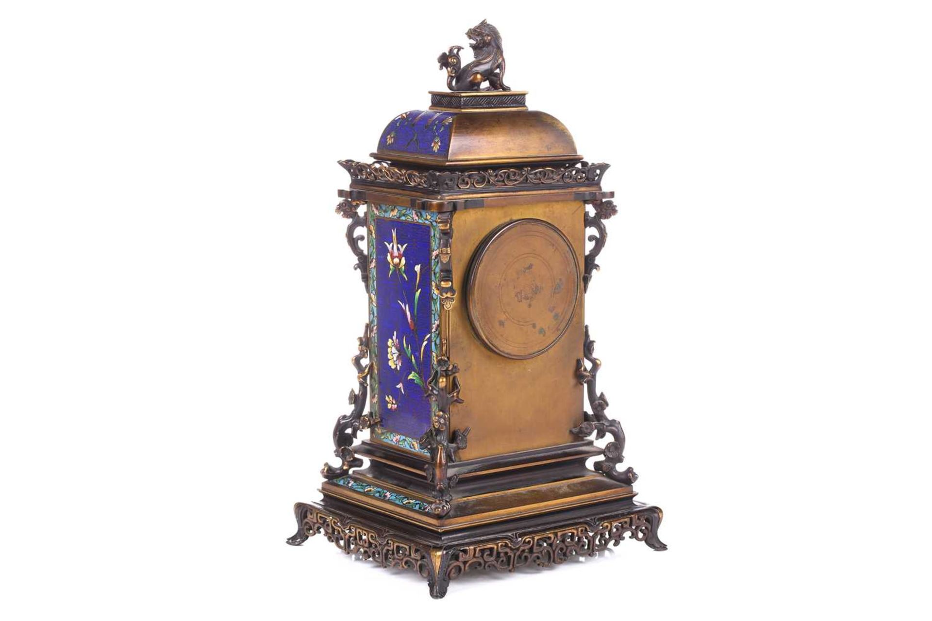 A Japy Freres 8-day cloisonne cased mantle clock of pagoda form with lion dog finial and peony - Image 15 of 25